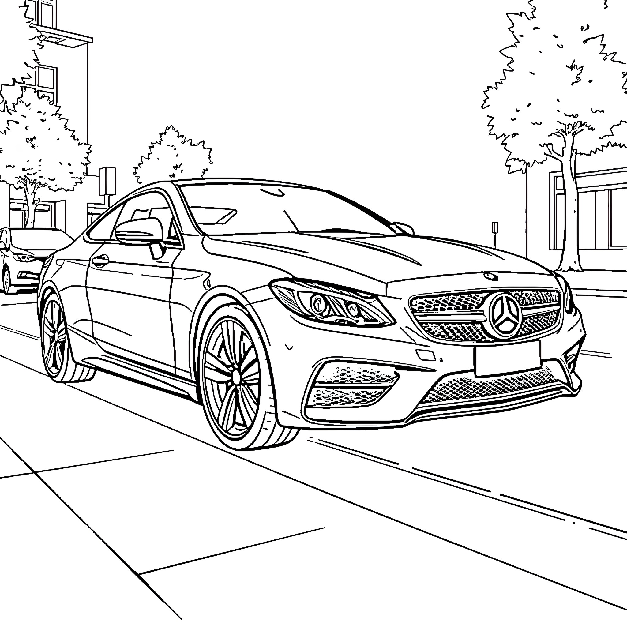Car parked on city street Coloring Page (free black-and-white line drawing printable PDF for all, from beginners to advanced learners, including children, teens, adults, and seniors)