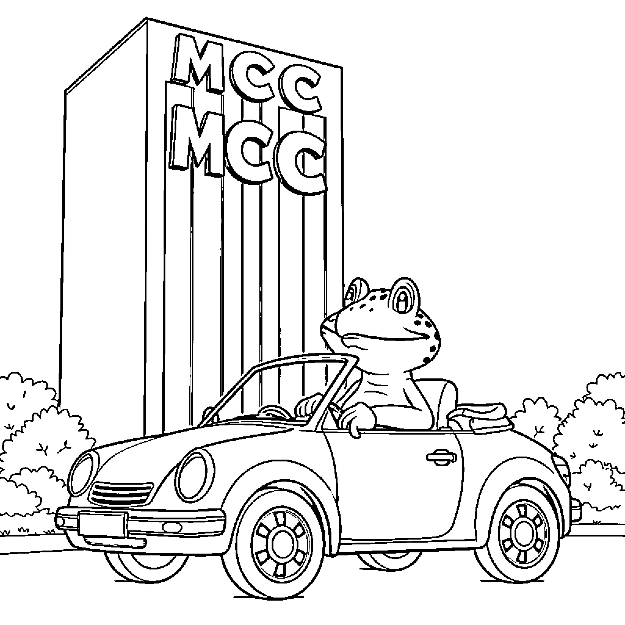 Toad driving a convertible car near MCG MCG sign Coloring Page (free black-and-white line drawing printable PDF for all, from beginners to advanced learners, including children, teens, adults, and seniors)