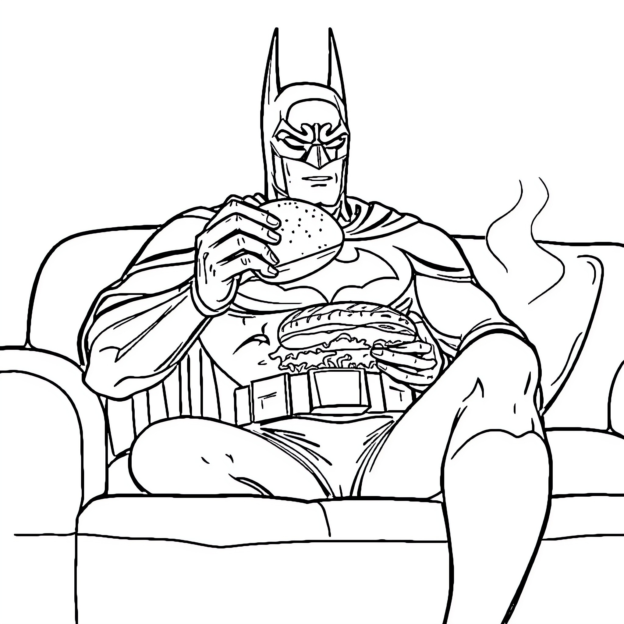Batman Enjoying a Hearty Snack Coloring Page (free black-and-white line drawing printable PDF for all, from beginners to advanced learners, including children, teens, adults, and seniors)