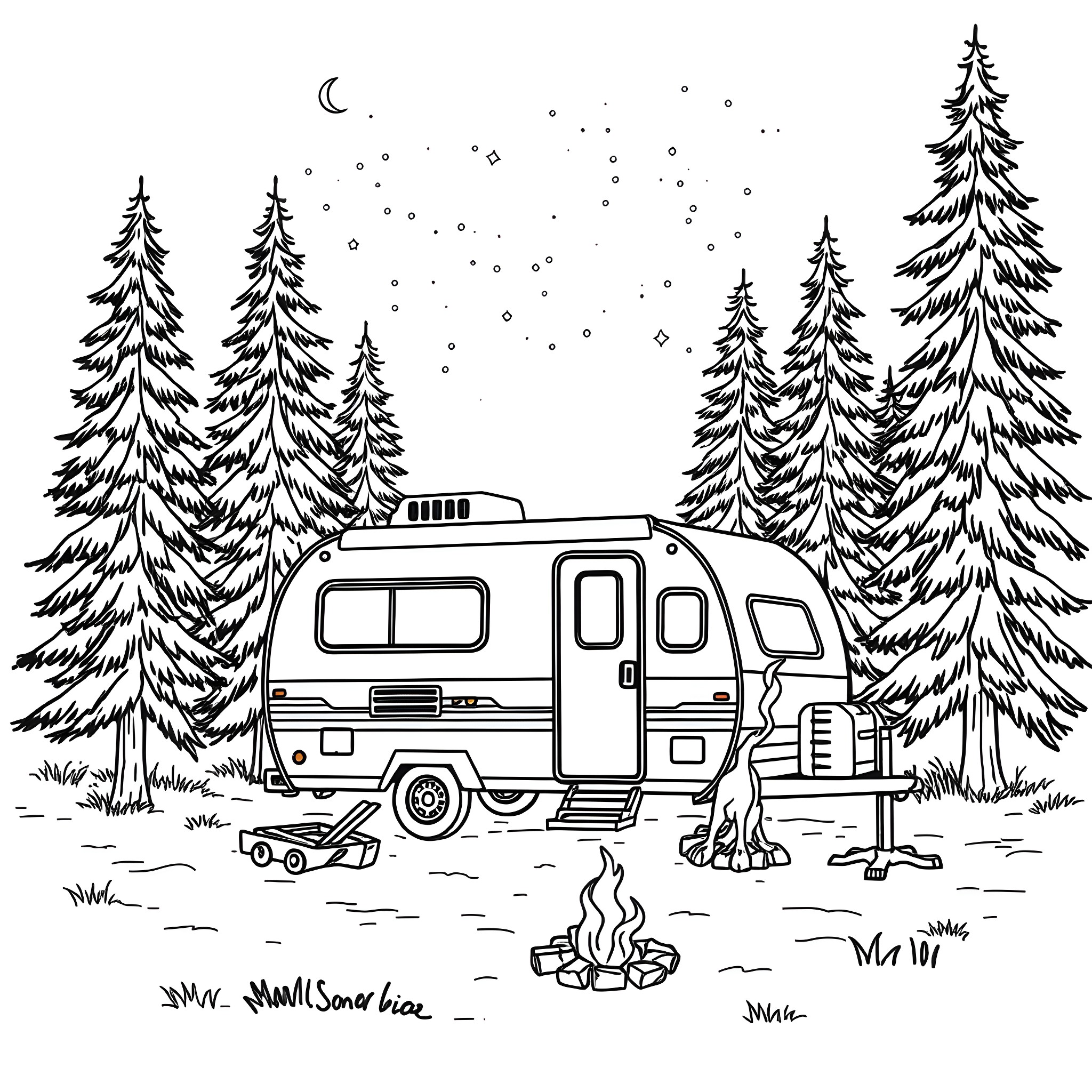 Trailer for cozy winter camping adventure Coloring Page (free black-and-white line drawing printable PDF for all, from beginners to advanced learners, including children, teens, adults, and seniors)