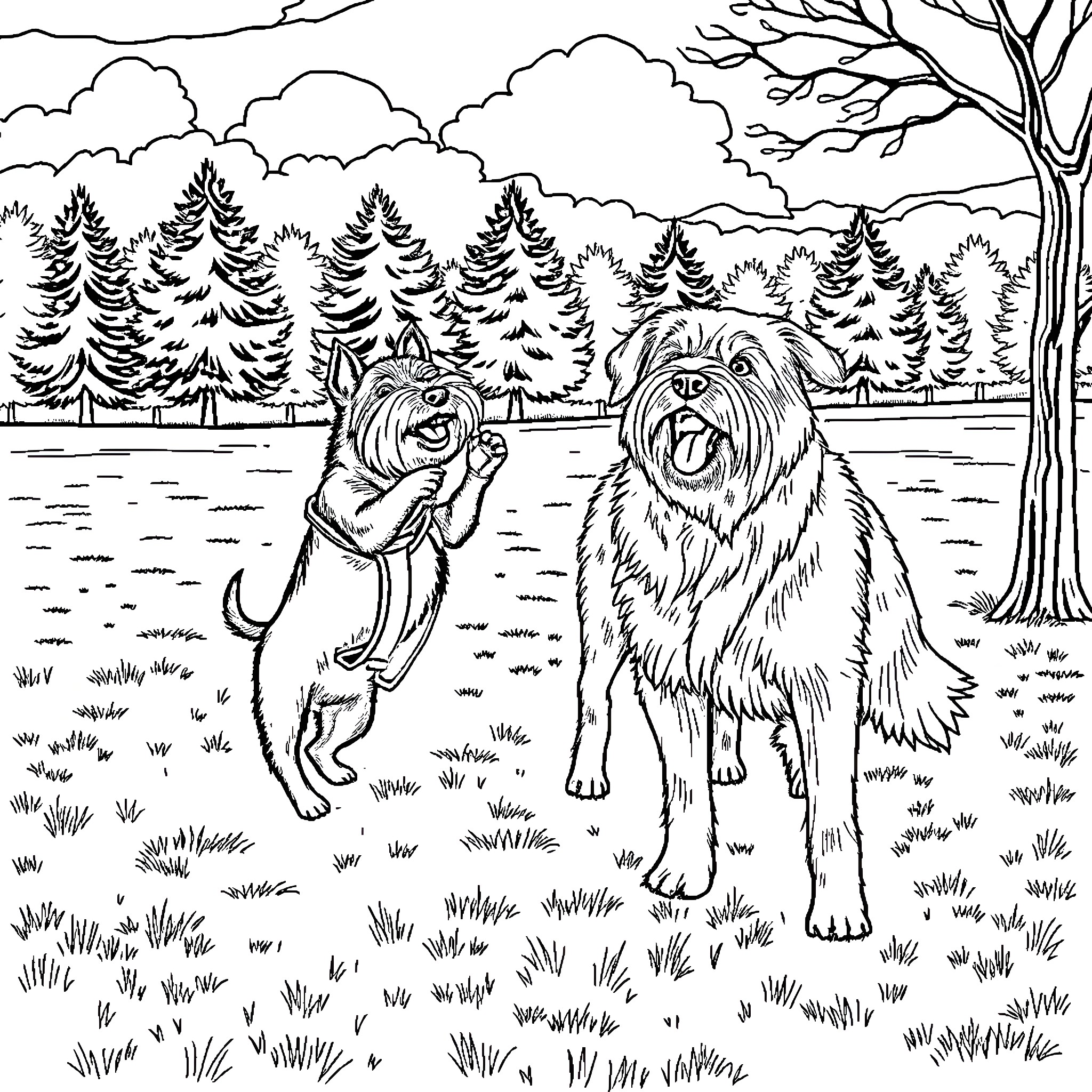 Dogs Playing in Scenic Forest Landscape Coloring Page (free black-and-white line drawing printable PDF for all, from beginners to advanced learners, including children, teens, adults, and seniors)