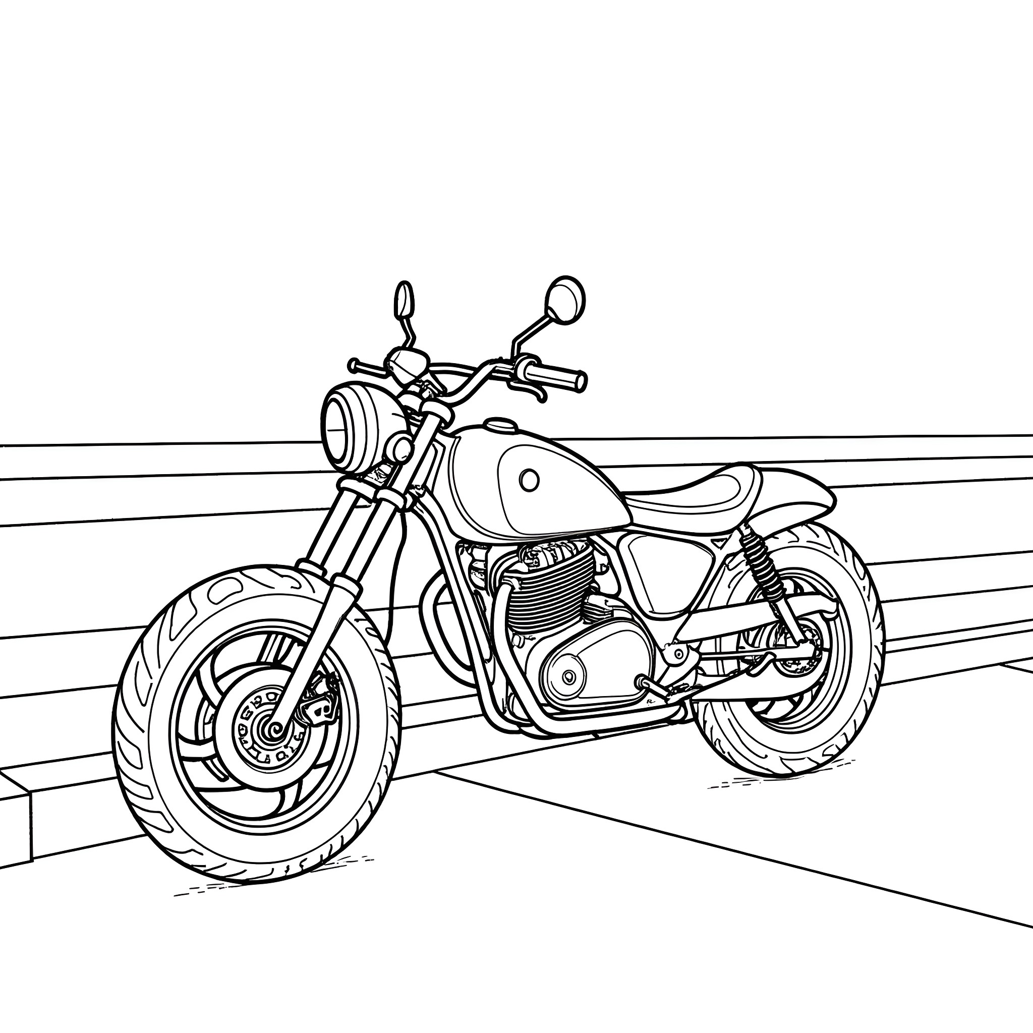 Motorcycle on the road Coloring Page (free black-and-white line drawing printable PDF for all, from beginners to advanced learners, including children, teens, adults, and seniors)