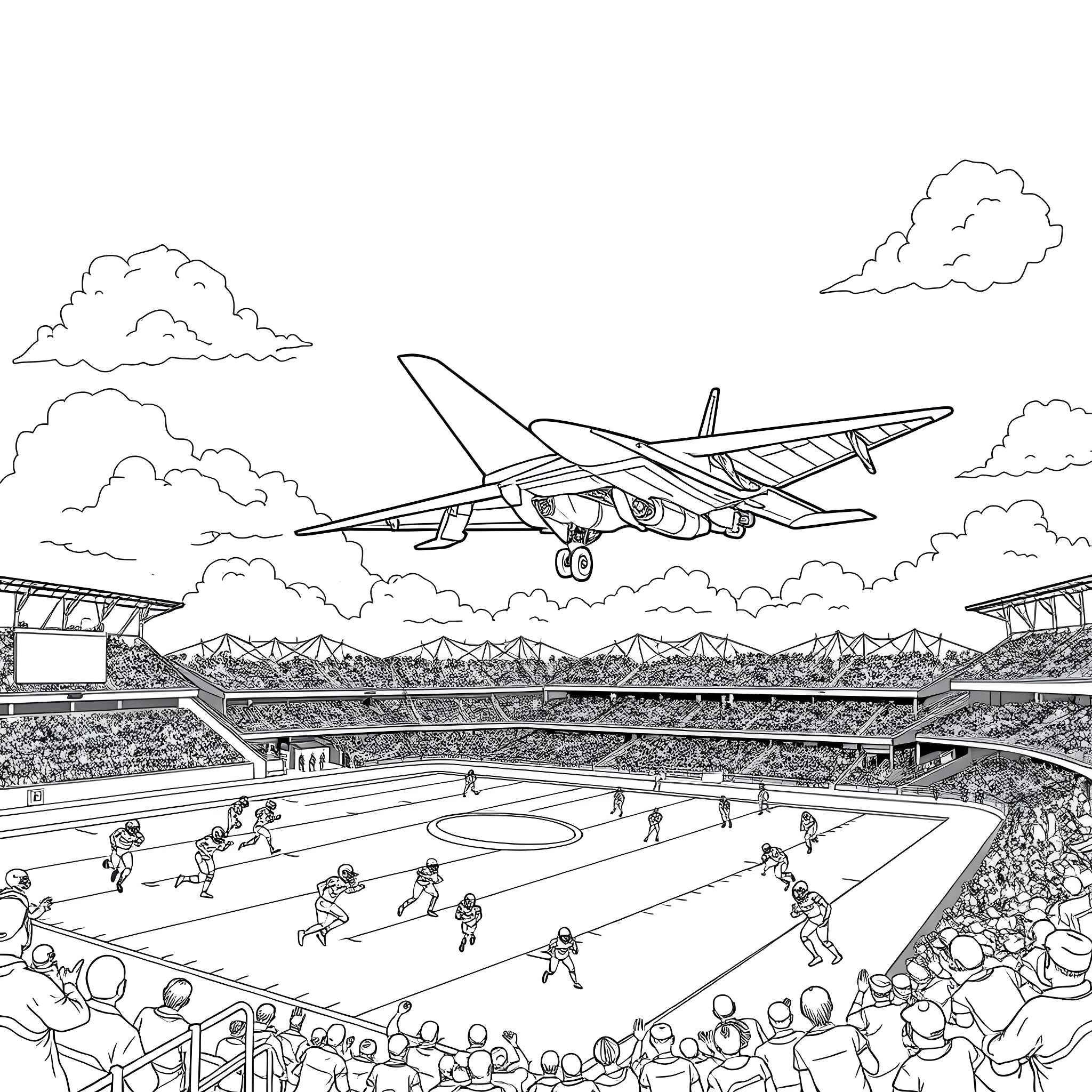 Fighter Jet soaring over crowded sports stadium Coloring Page (free black-and-white line drawing printable PDF for all, from beginners to advanced learners, including children, teens, adults, and seniors)
