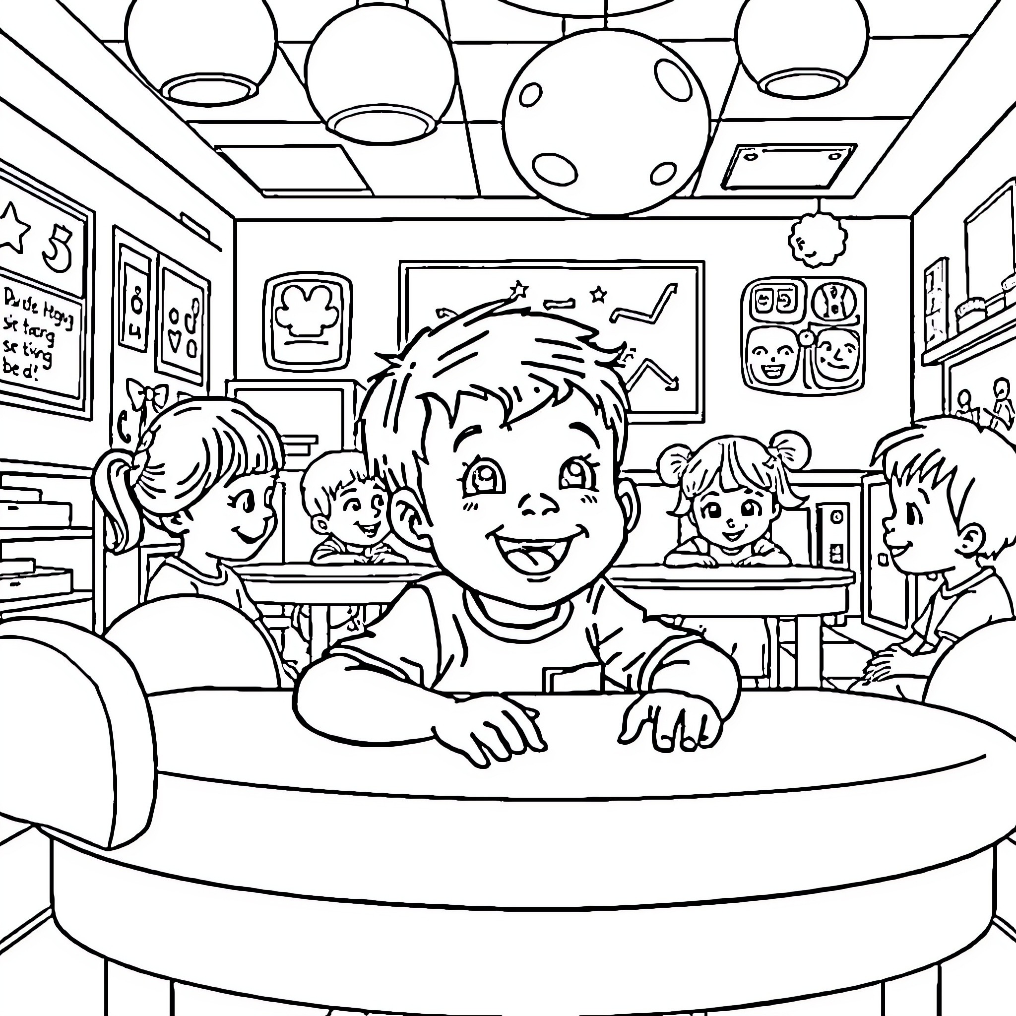 Kid playing and learning in classroom with friends Coloring Page (free black-and-white line drawing printable PDF for all, from beginners to advanced learners, including children, teens, adults, and seniors)