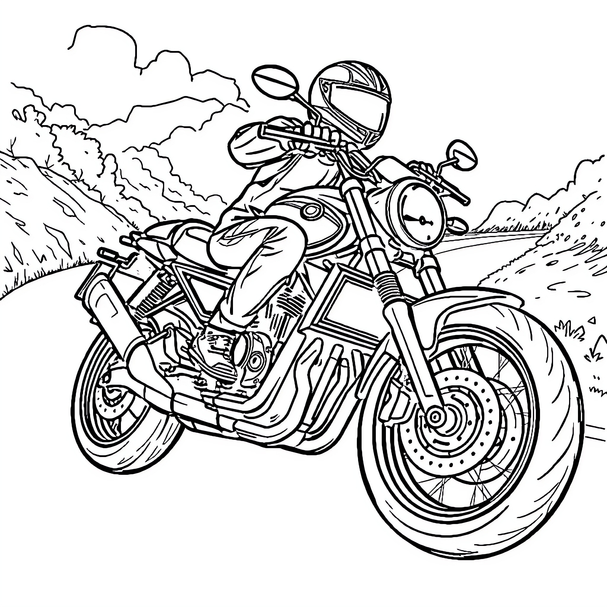 Moto Rider Speeding Through Rugged Terrain Coloring Page (free black-and-white line drawing printable PDF for all, from beginners to advanced learners, including children, teens, adults, and seniors)