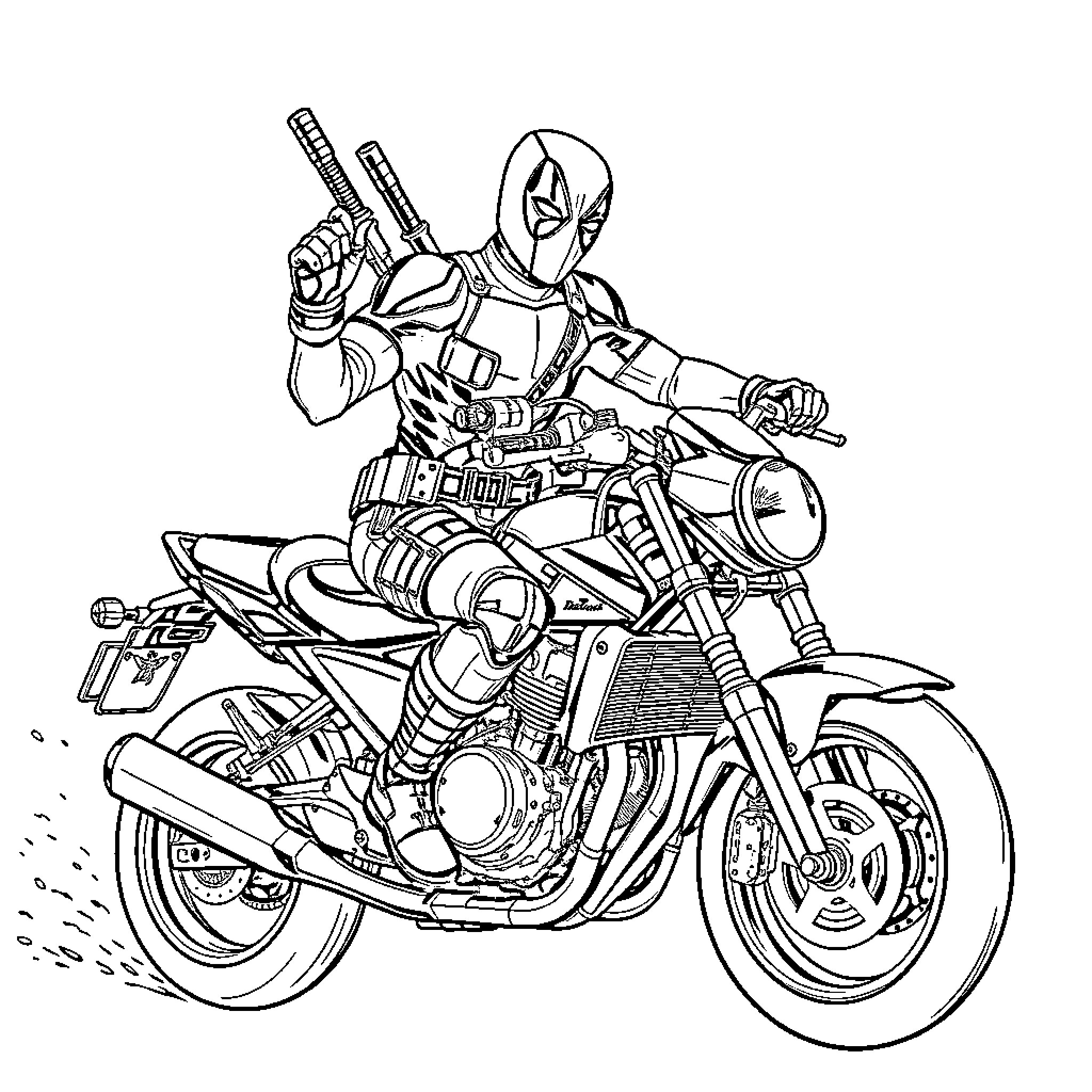 Deadpool riding a motorcycle in action Coloring Page (free black-and-white line drawing printable PDF for all, from beginners to advanced learners, including children, teens, adults, and seniors)
