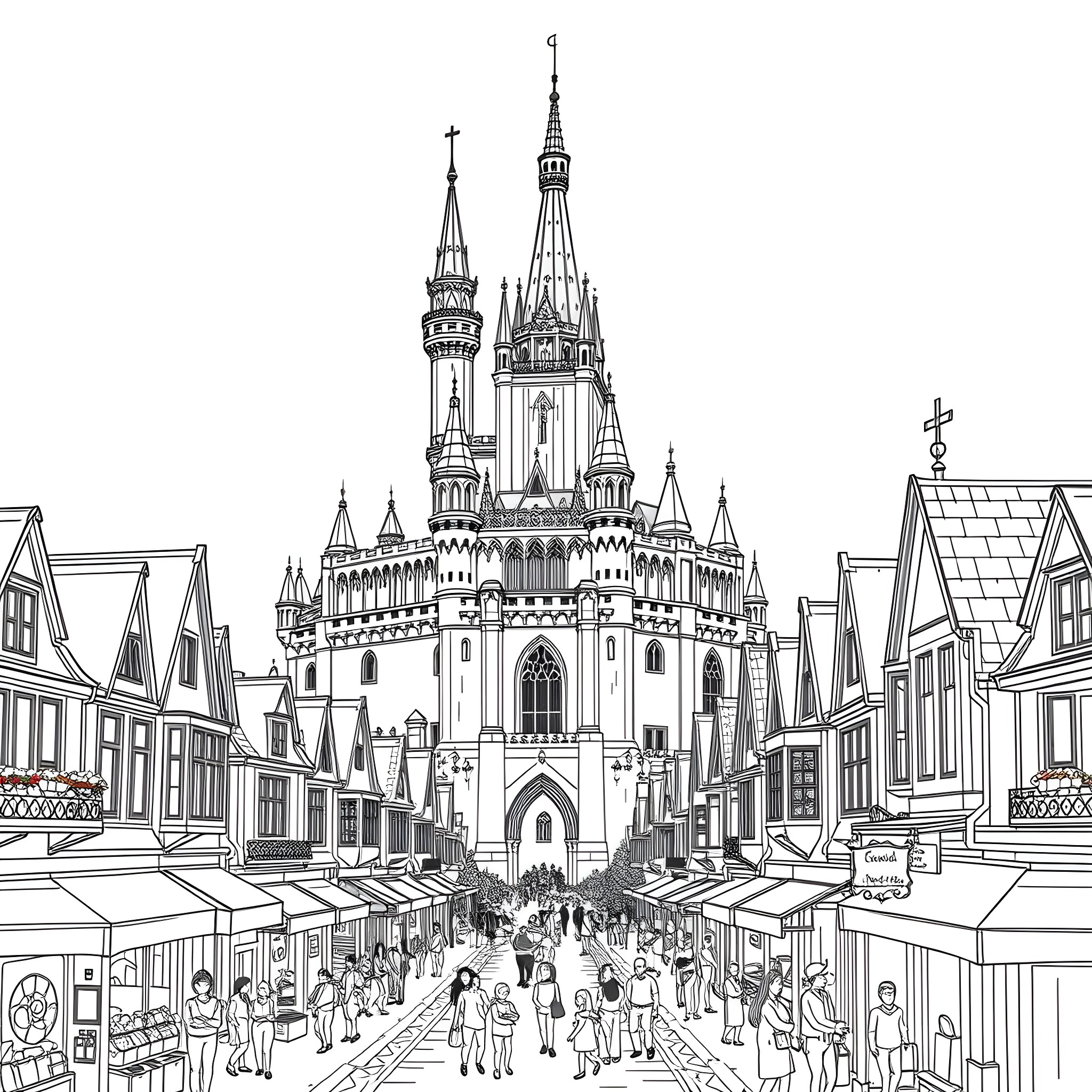 Castle with people strolling through the town square Coloring Page (free black-and-white line drawing printable PDF for all, from beginners to advanced learners, including children, teens, adults, and seniors)