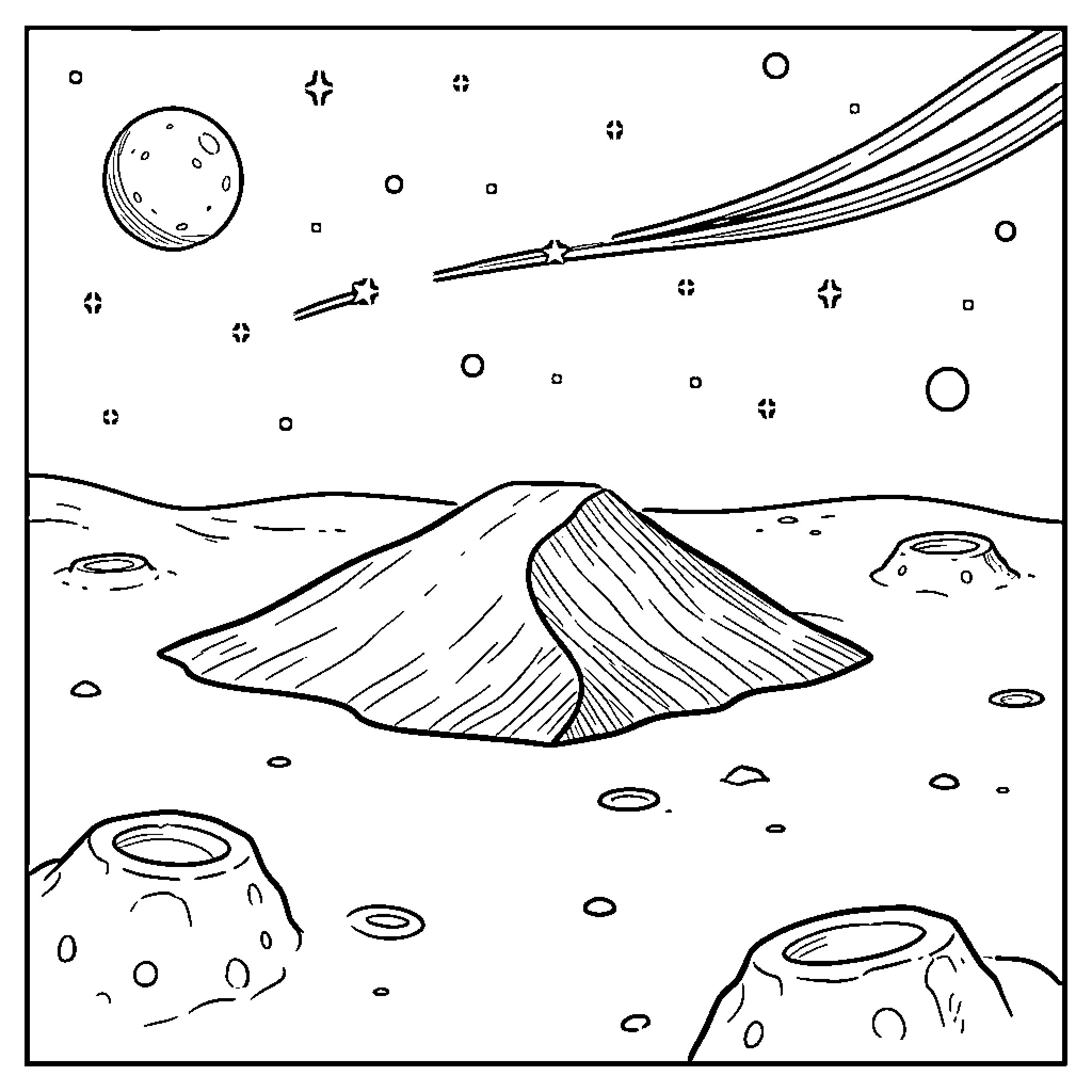Snail observing a cosmic landscape with craters and stars Coloring Page (free black-and-white line drawing printable PDF for all, from beginners to advanced learners, including children, teens, adults, and seniors)