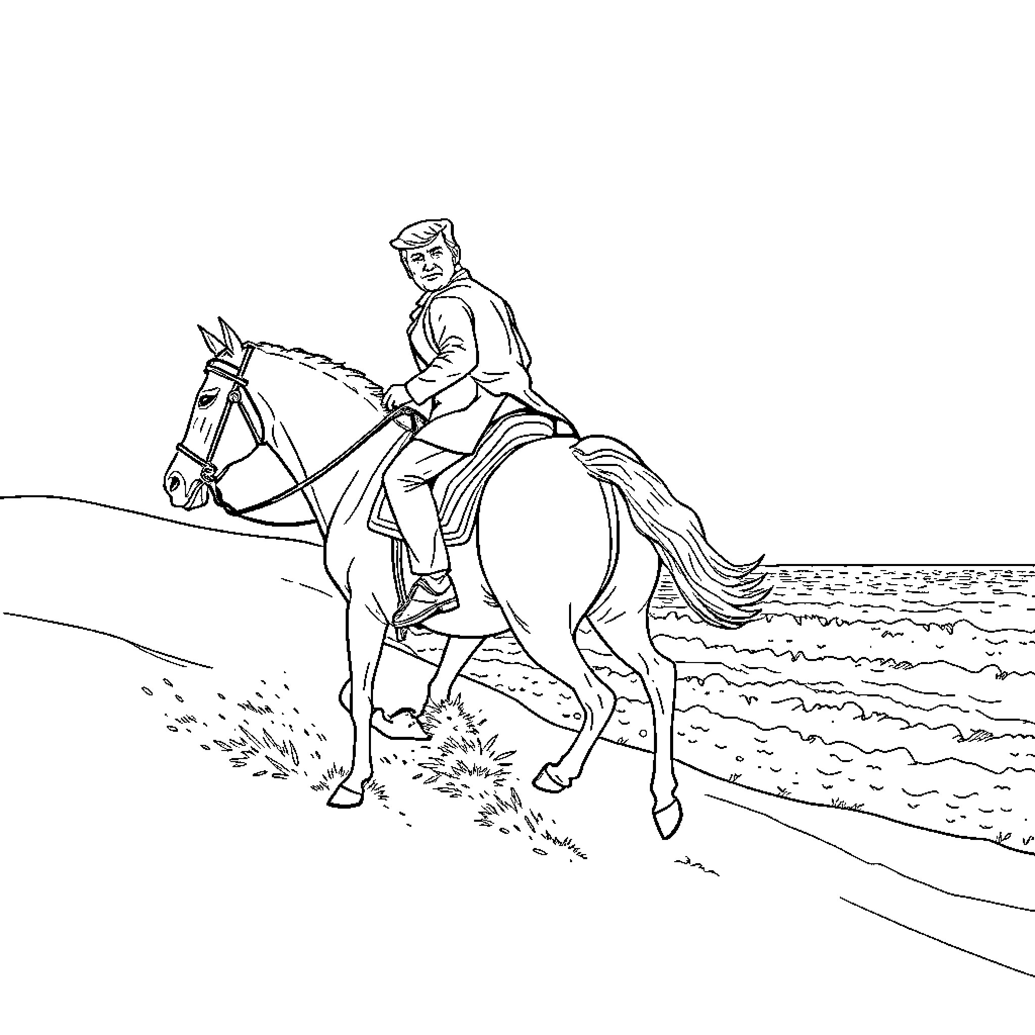 Donald Trump riding a horse on the beach Coloring Page (free black-and-white line drawing printable PDF for all, from beginners to advanced learners, including children, teens, adults, and seniors)