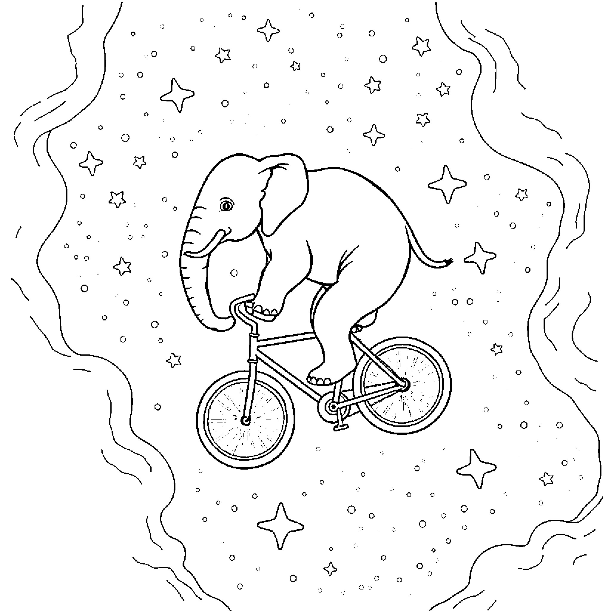 Elephant riding a bicycle under the starry night sky Coloring Page (free black-and-white line drawing printable PDF for all, from beginners to advanced learners, including children, teens, adults, and seniors)