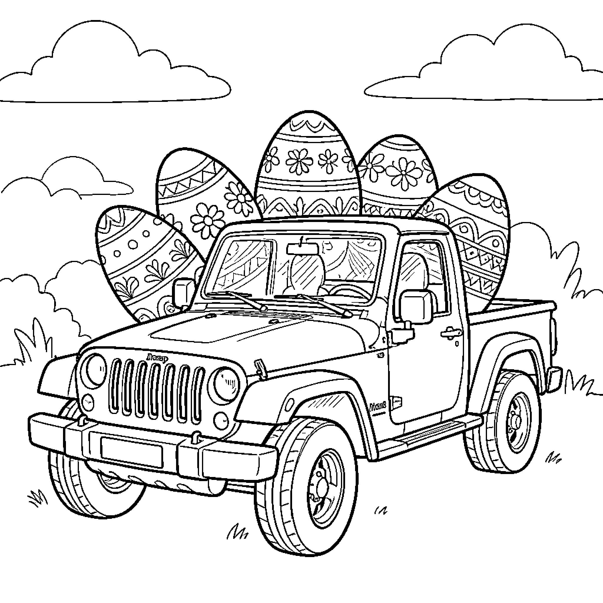 Easter Egg Hunt with Decorated Pickup Truck Coloring Page (free black-and-white line drawing printable PDF for all, from beginners to advanced learners, including children, teens, adults, and seniors)