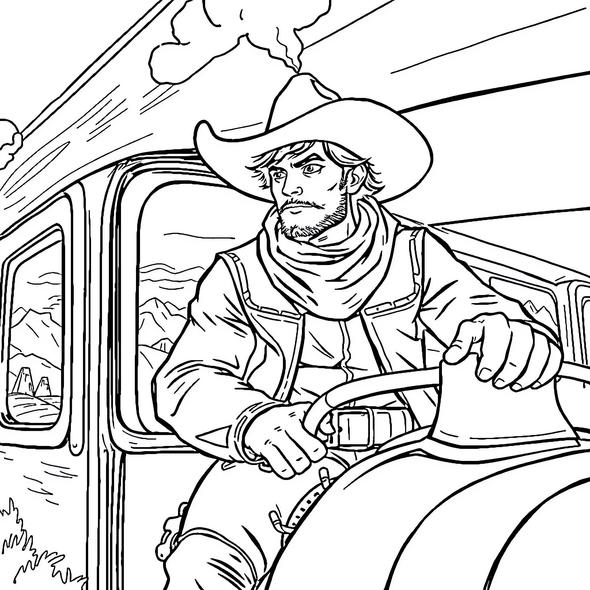Cowboy driving truck with determined expression Coloring Page (free black-and-white line drawing printable PDF for all, from beginners to advanced learners, including children, teens, adults, and seniors)