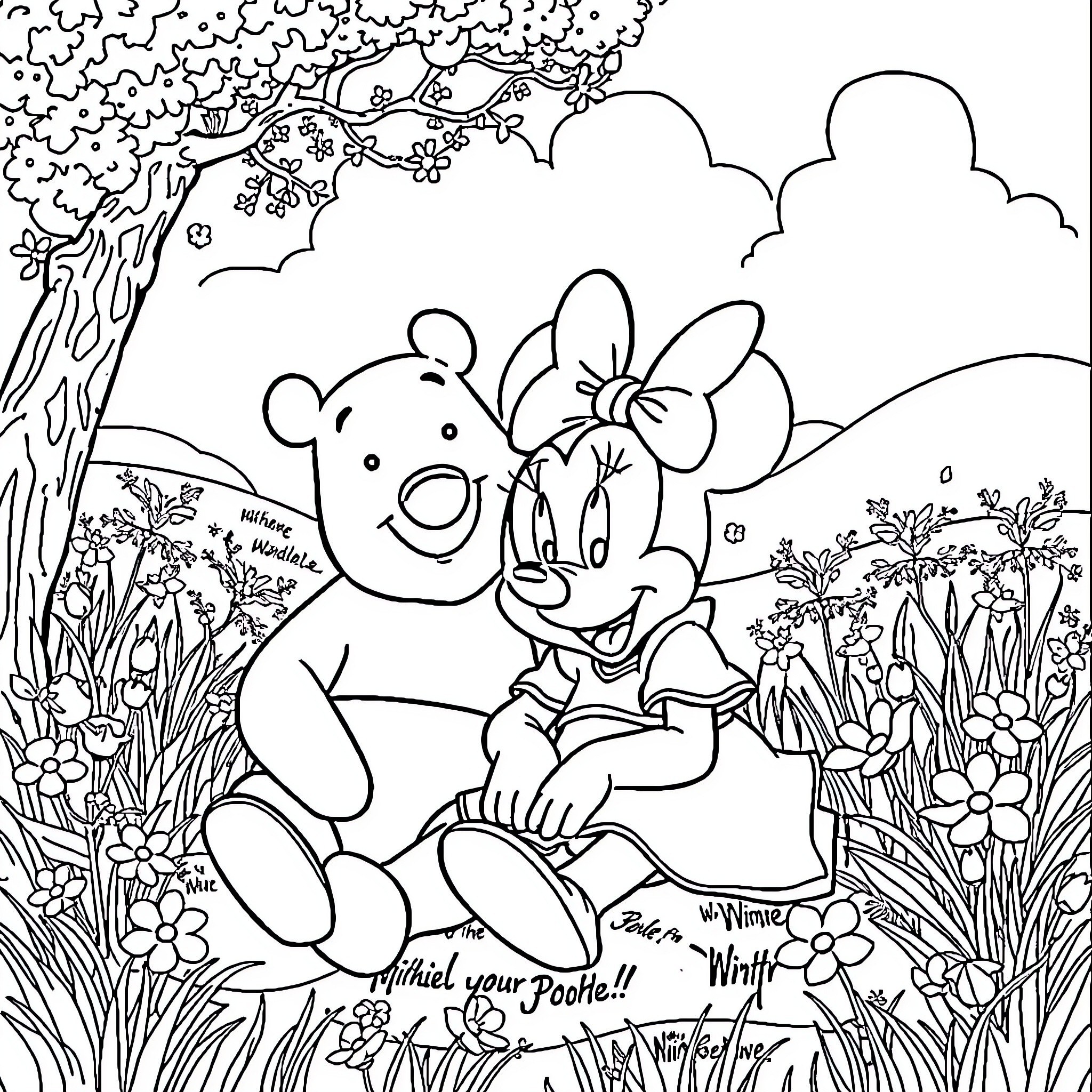Minnie and her friend in a floral garden Coloring Page (free black-and-white line drawing printable PDF for all, from beginners to advanced learners, including children, teens, adults, and seniors)