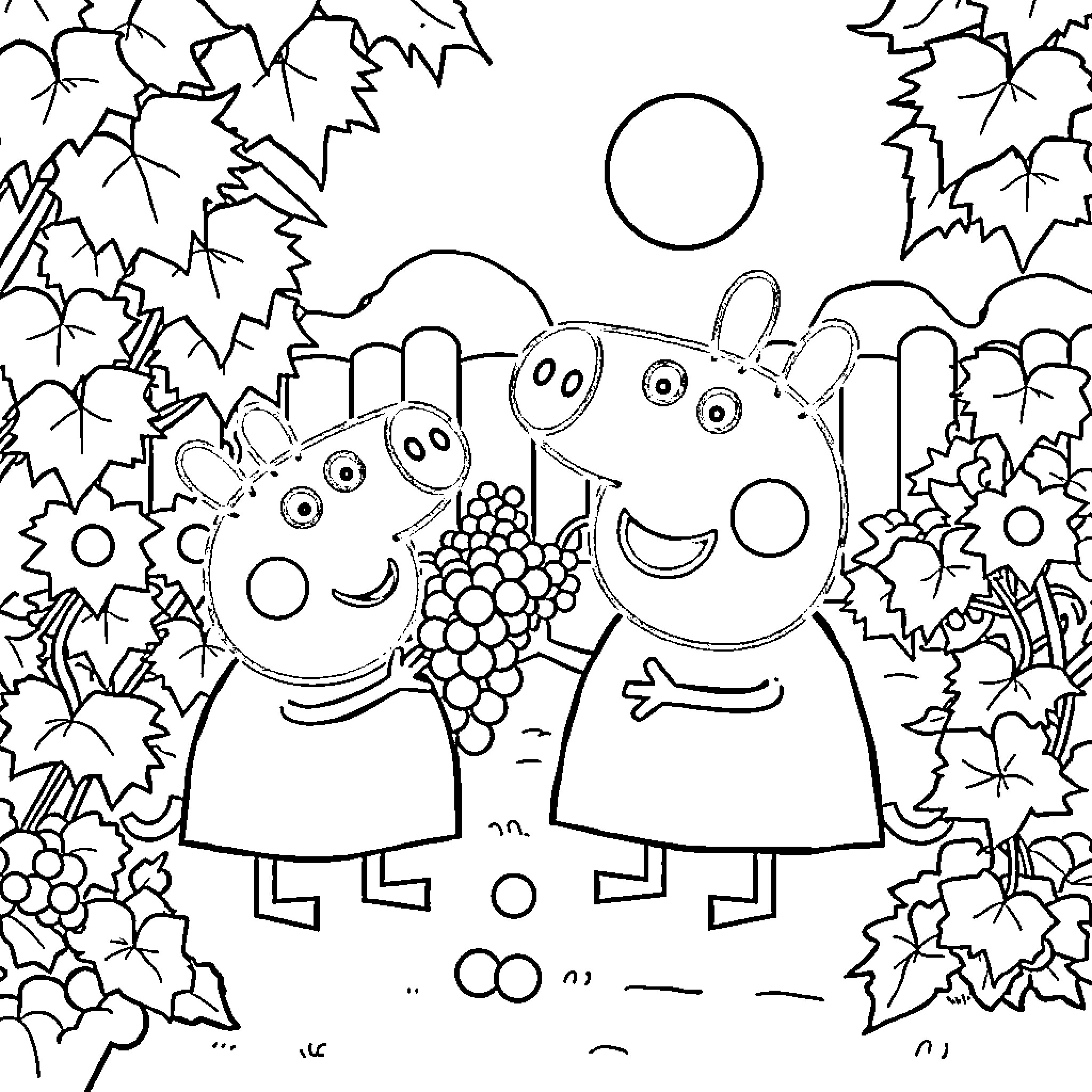 Peppa Pig and friends enjoying the outdoors Coloring Page (free black-and-white line drawing printable PDF for all, from beginners to advanced learners, including children, teens, adults, and seniors)