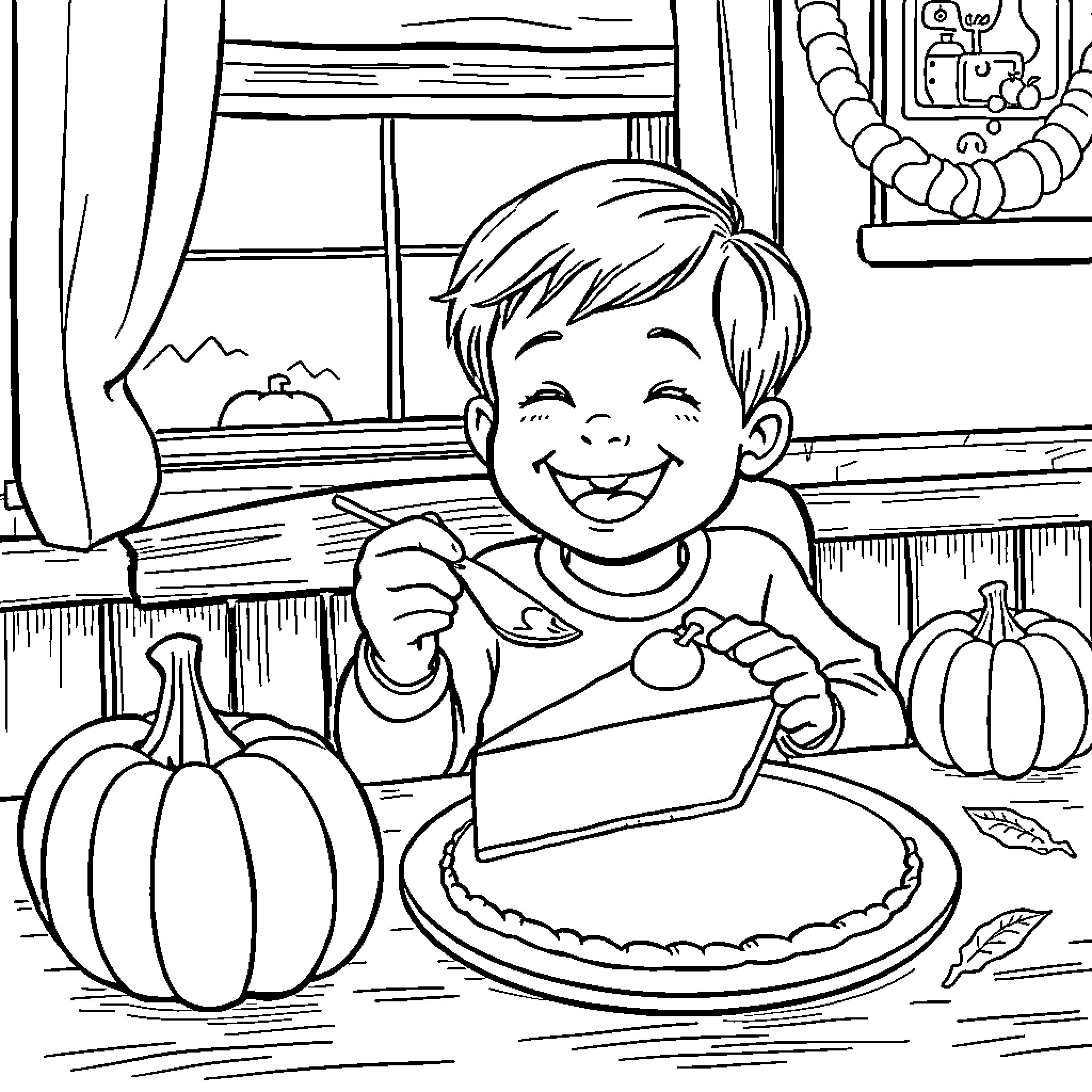 Child joyfully eating pumpkin pie in cozy home Coloring Page (free black-and-white line drawing printable PDF for all, from beginners to advanced learners, including children, teens, adults, and seniors)