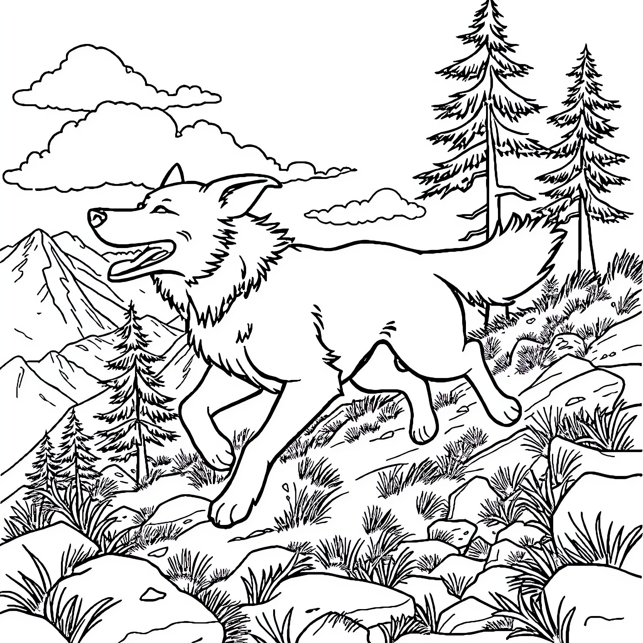 Dog exploring the wilderness in the mountains Coloring Page (free black-and-white line drawing printable PDF for all, from beginners to advanced learners, including children, teens, adults, and seniors)