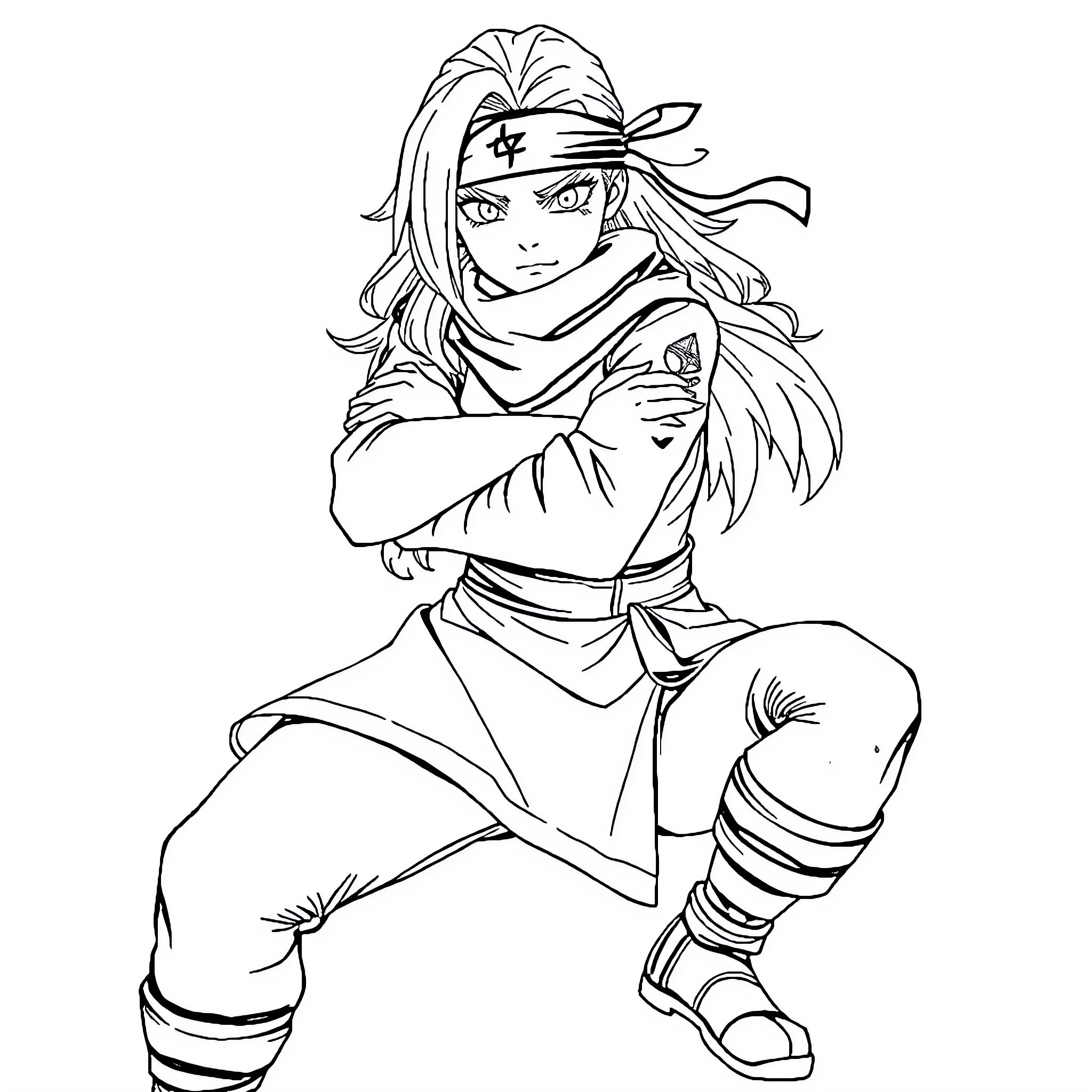 Tsunade, the Ninja Warrior in Action Coloring Page (free black-and-white line drawing printable PDF for all, from beginners to advanced learners, including children, teens, adults, and seniors)