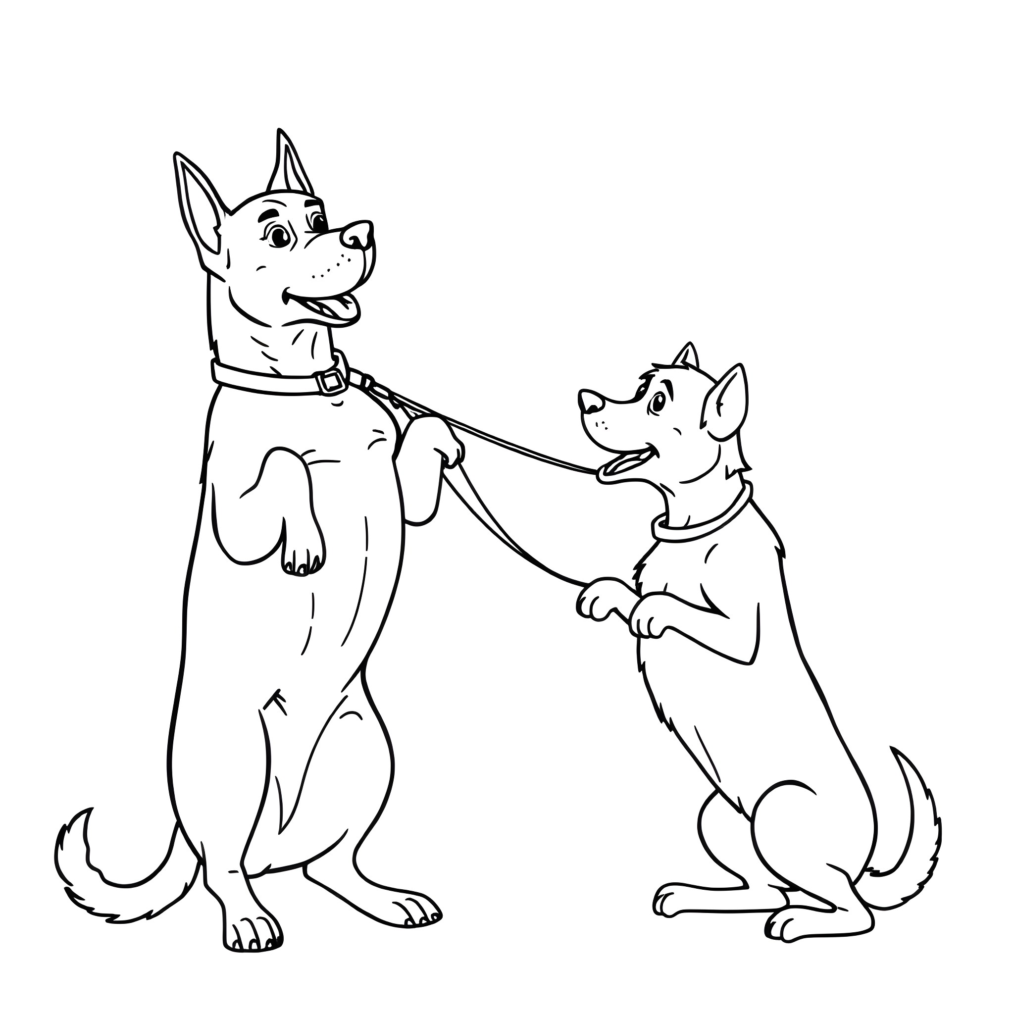 Dog Siblings Enjoying a Walk Together Coloring Page (free black-and-white line drawing printable PDF for all, from beginners to advanced learners, including children, teens, adults, and seniors)