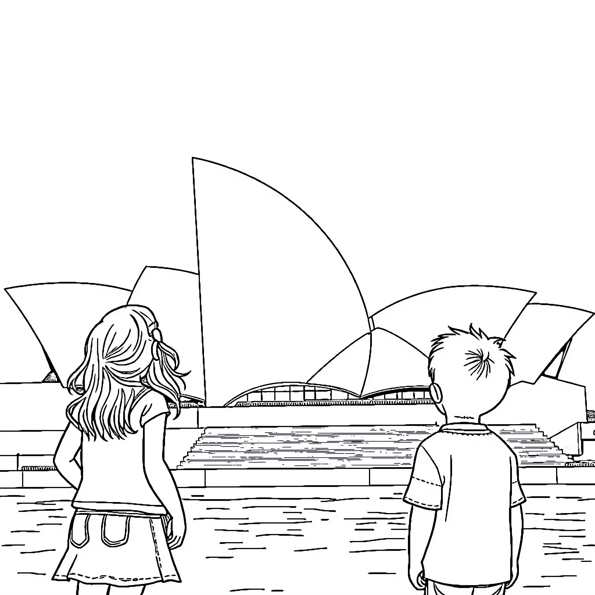 Child enjoying the view of a famous landmark Coloring Page (free black-and-white line drawing printable PDF for all, from beginners to advanced learners, including children, teens, adults, and seniors)