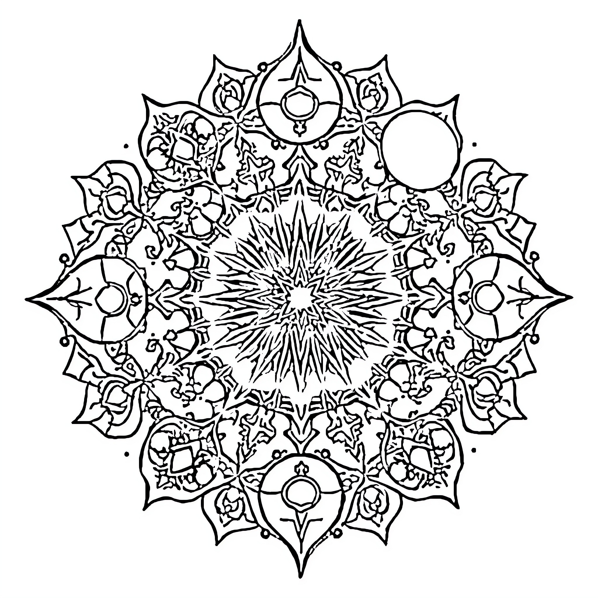 Mandala with intricate symmetrical patterns Coloring Page (free black-and-white line drawing printable PDF for all, from beginners to advanced learners, including children, teens, adults, and seniors)