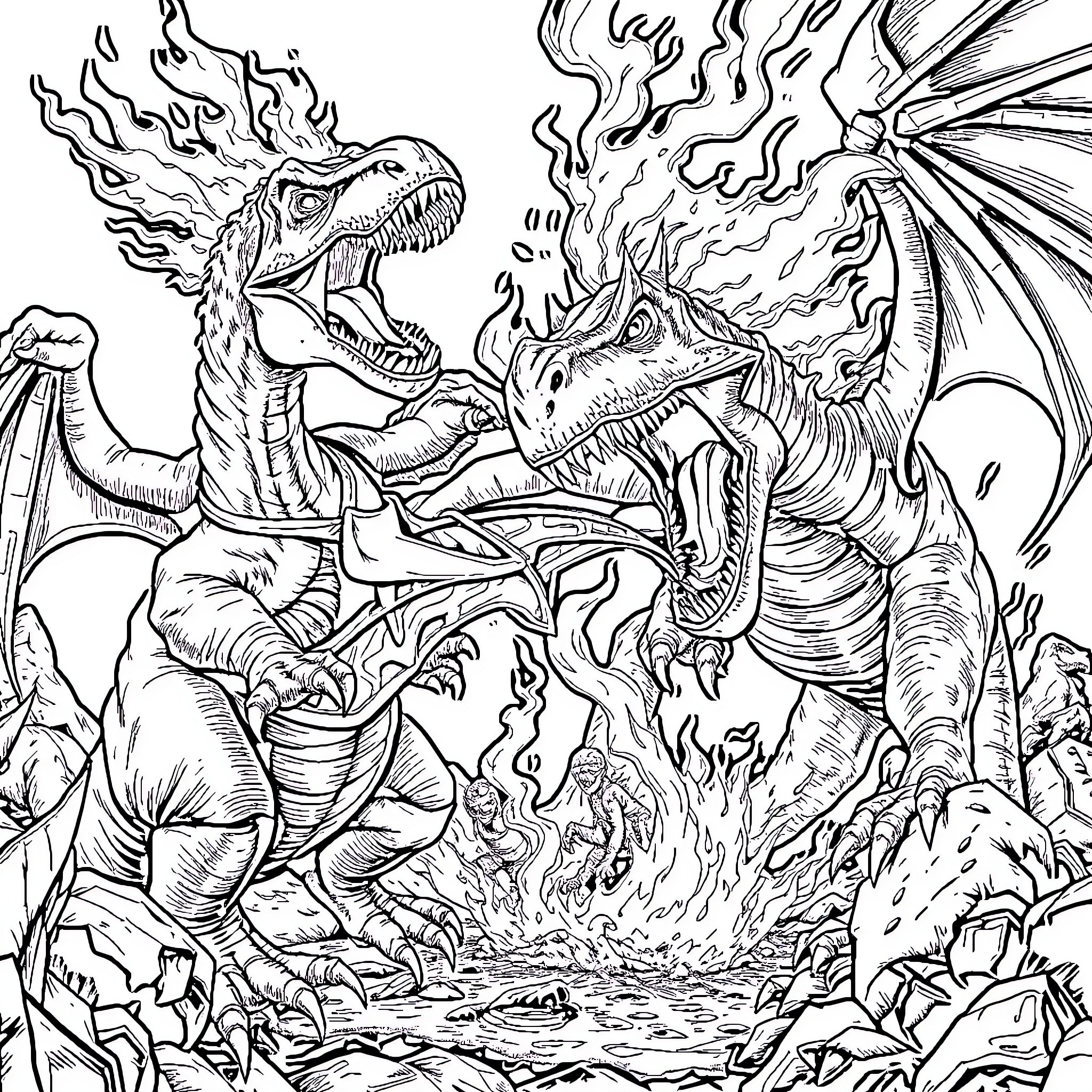 T-rex Dinosaurs Battling Fiercely in Prehistoric Landscape Coloring Page (free black-and-white line drawing printable PDF for all, from beginners to advanced learners, including children, teens, adults, and seniors)