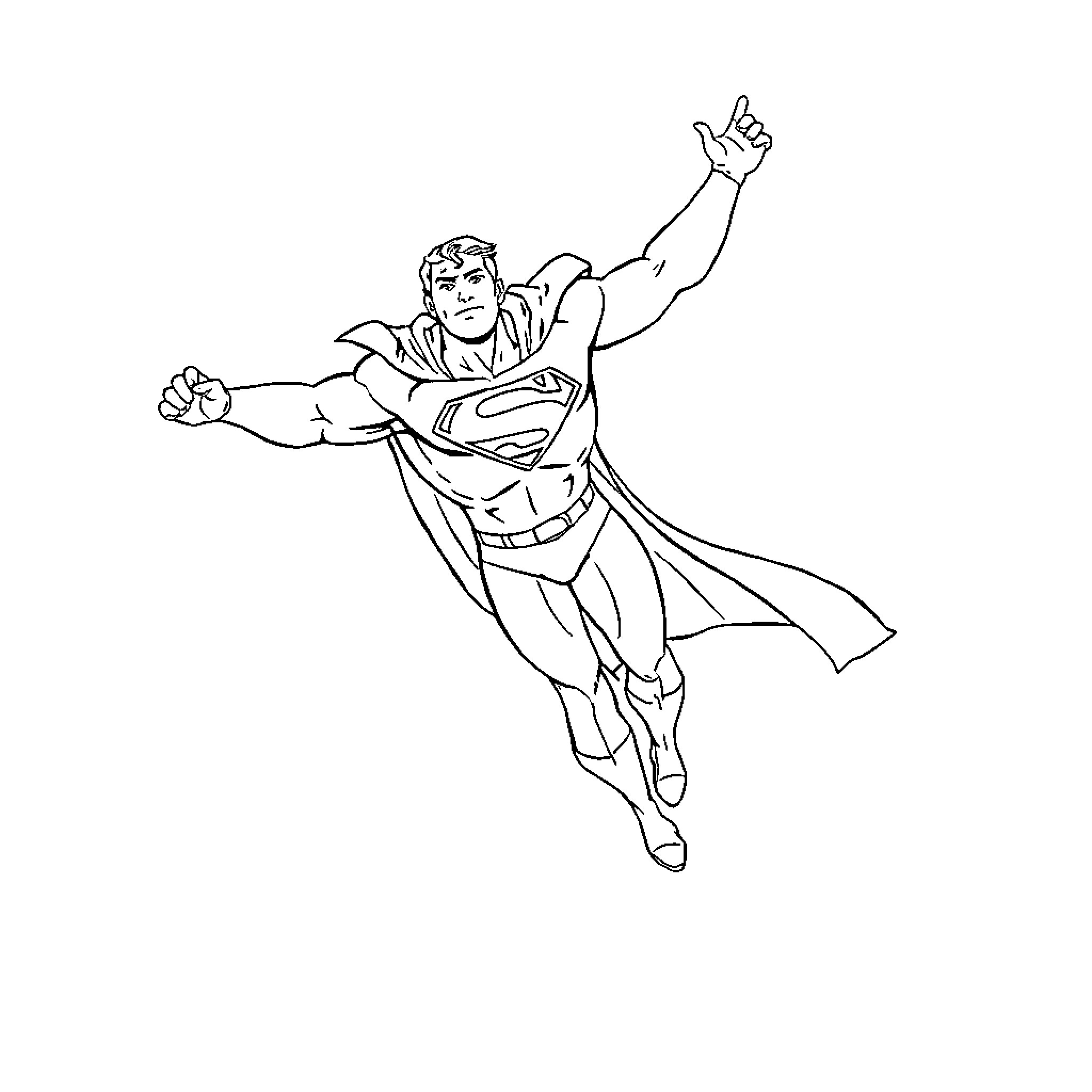 Superman soaring heroically through the sky Coloring Page (free black-and-white line drawing printable PDF for all, from beginners to advanced learners, including children, teens, adults, and seniors)