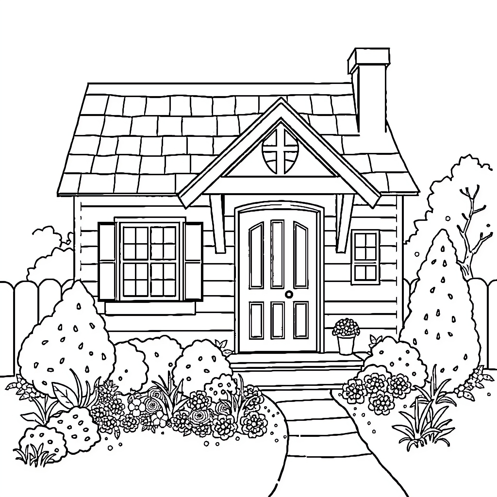 House with a charming exterior and lush landscaping Coloring Page (free black-and-white line drawing printable PDF for all, from beginners to advanced learners, including children, teens, adults, and seniors)
