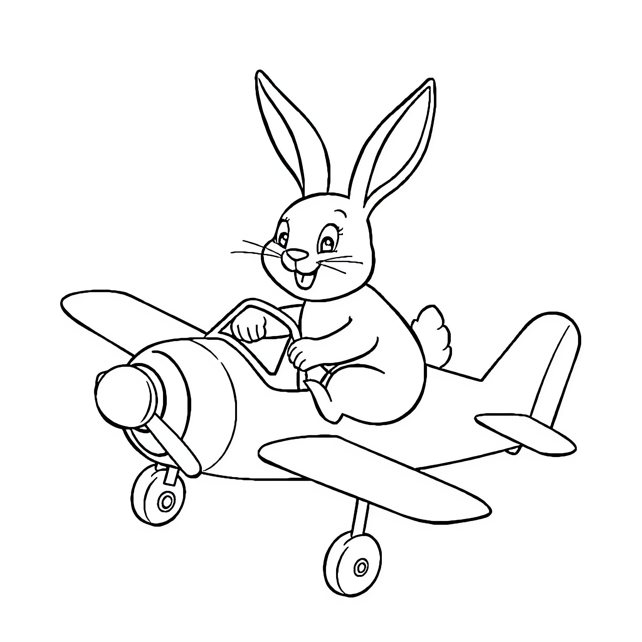 Rabbit joyfully flying a plane Coloring Page (free black-and-white line drawing printable PDF for all, from beginners to advanced learners, including children, teens, adults, and seniors)