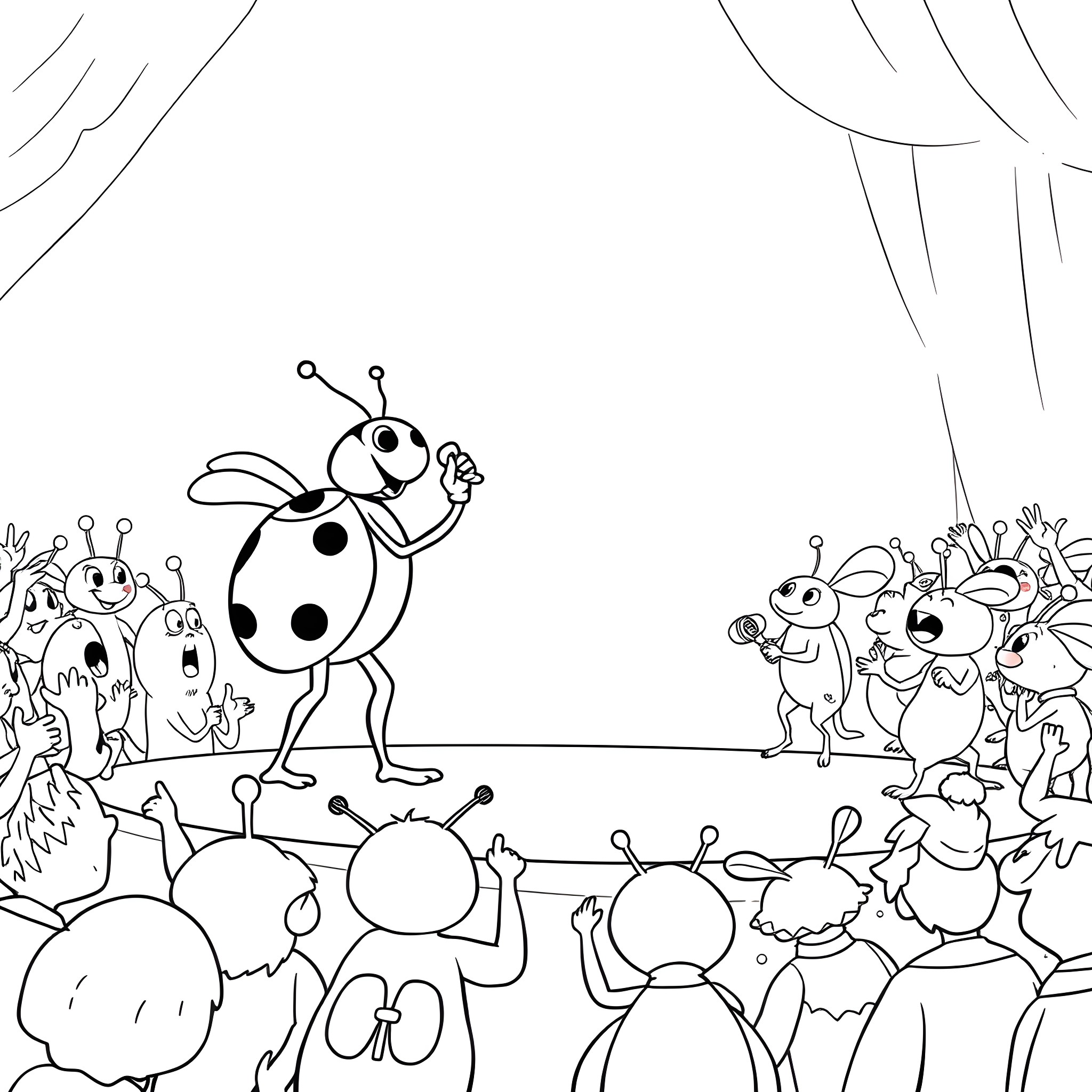 Ladybug leading a parade of whimsical creatures Coloring Page (free black-and-white line drawing printable PDF for all, from beginners to advanced learners, including children, teens, adults, and seniors)