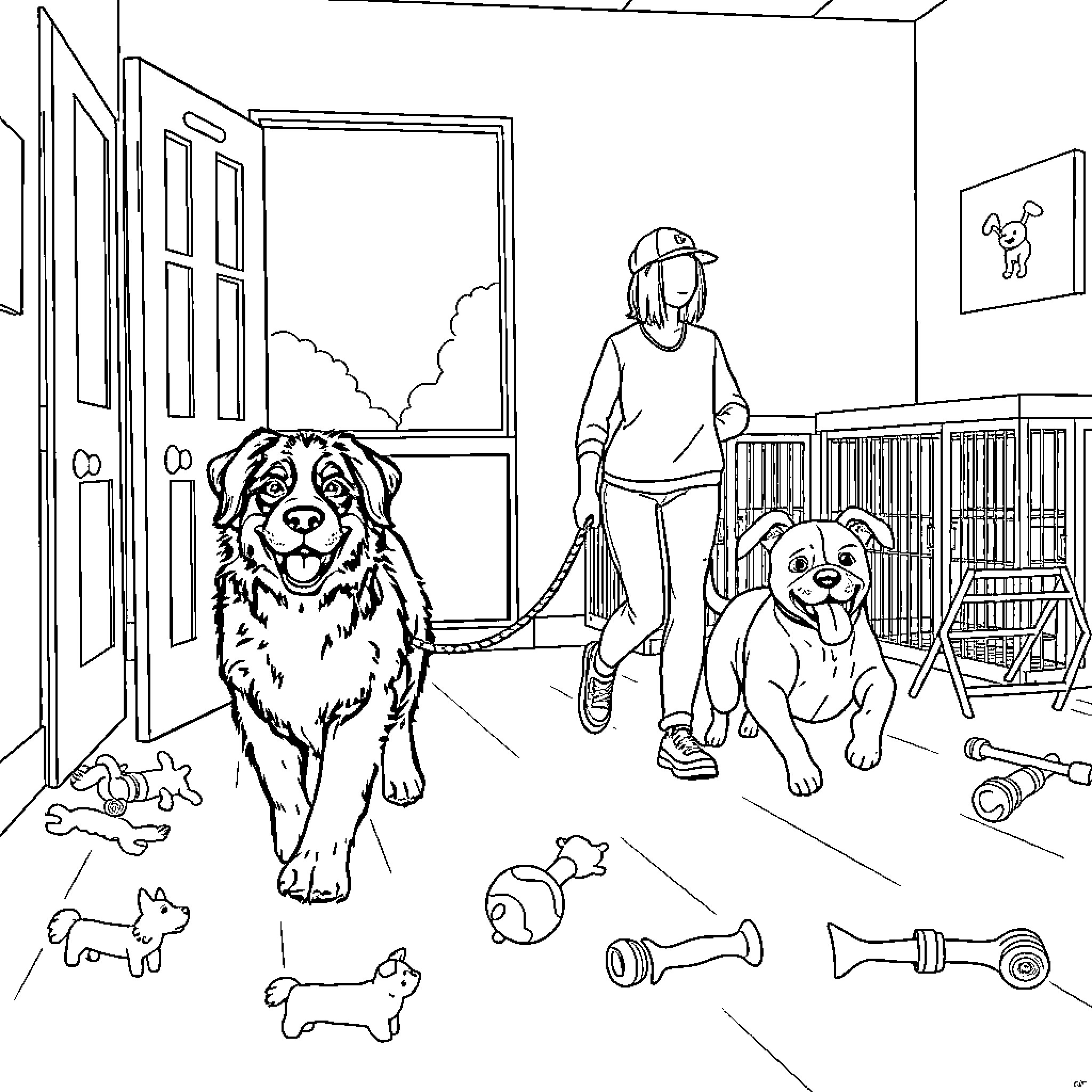 Dog playing with owner in messy room Coloring Page (free black-and-white line drawing printable PDF for all, from beginners to advanced learners, including children, teens, adults, and seniors)