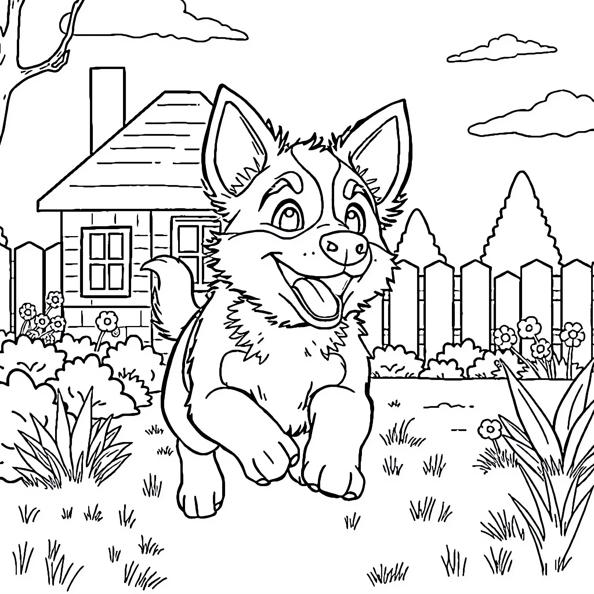 Bluey exploring the backyard with a happy expression Coloring Page (free black-and-white line drawing printable PDF for all, from beginners to advanced learners, including children, teens, adults, and seniors)