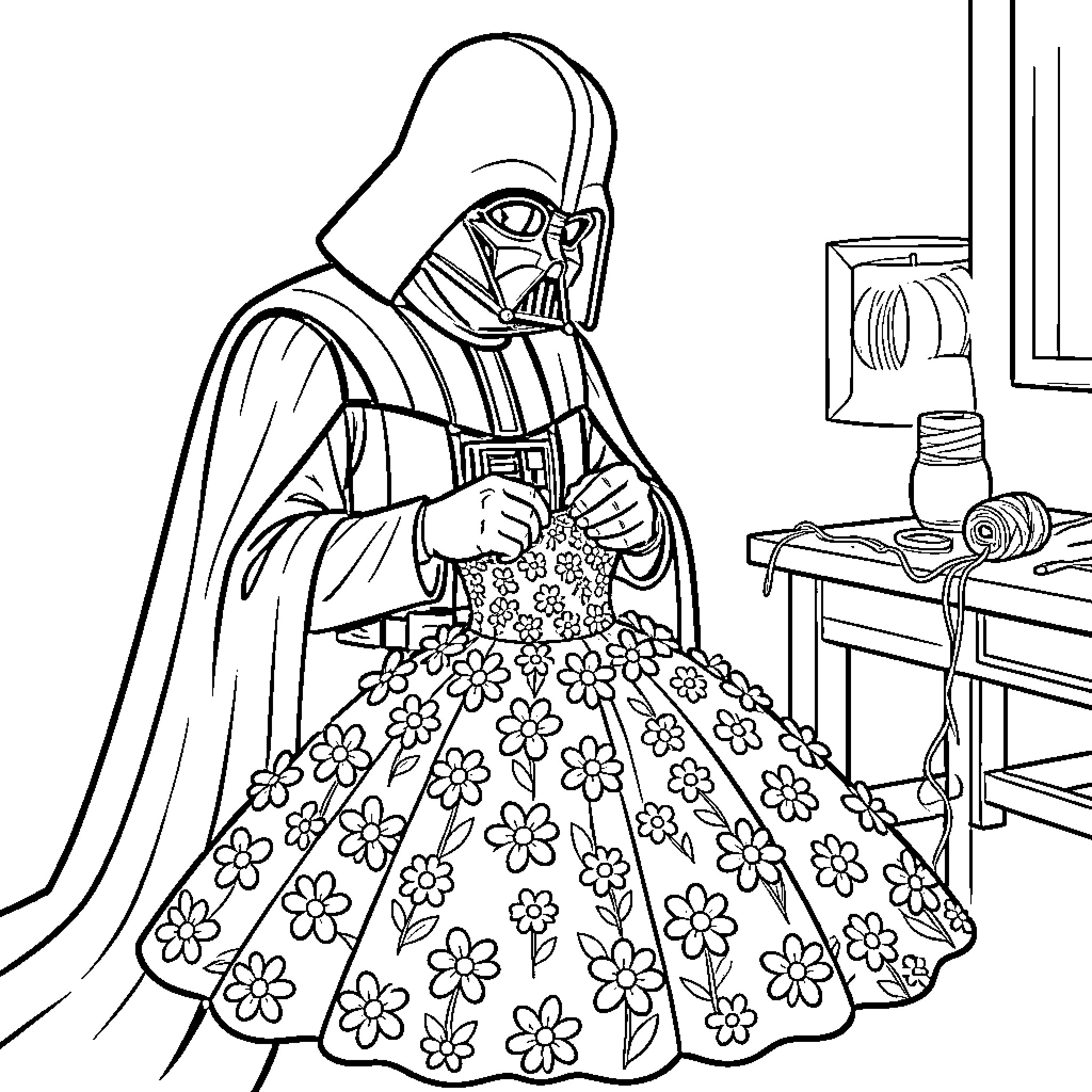 Darth Vader sewing a floral patterned dress Coloring Page (free black-and-white line drawing printable PDF for all, from beginners to advanced learners, including children, teens, adults, and seniors)