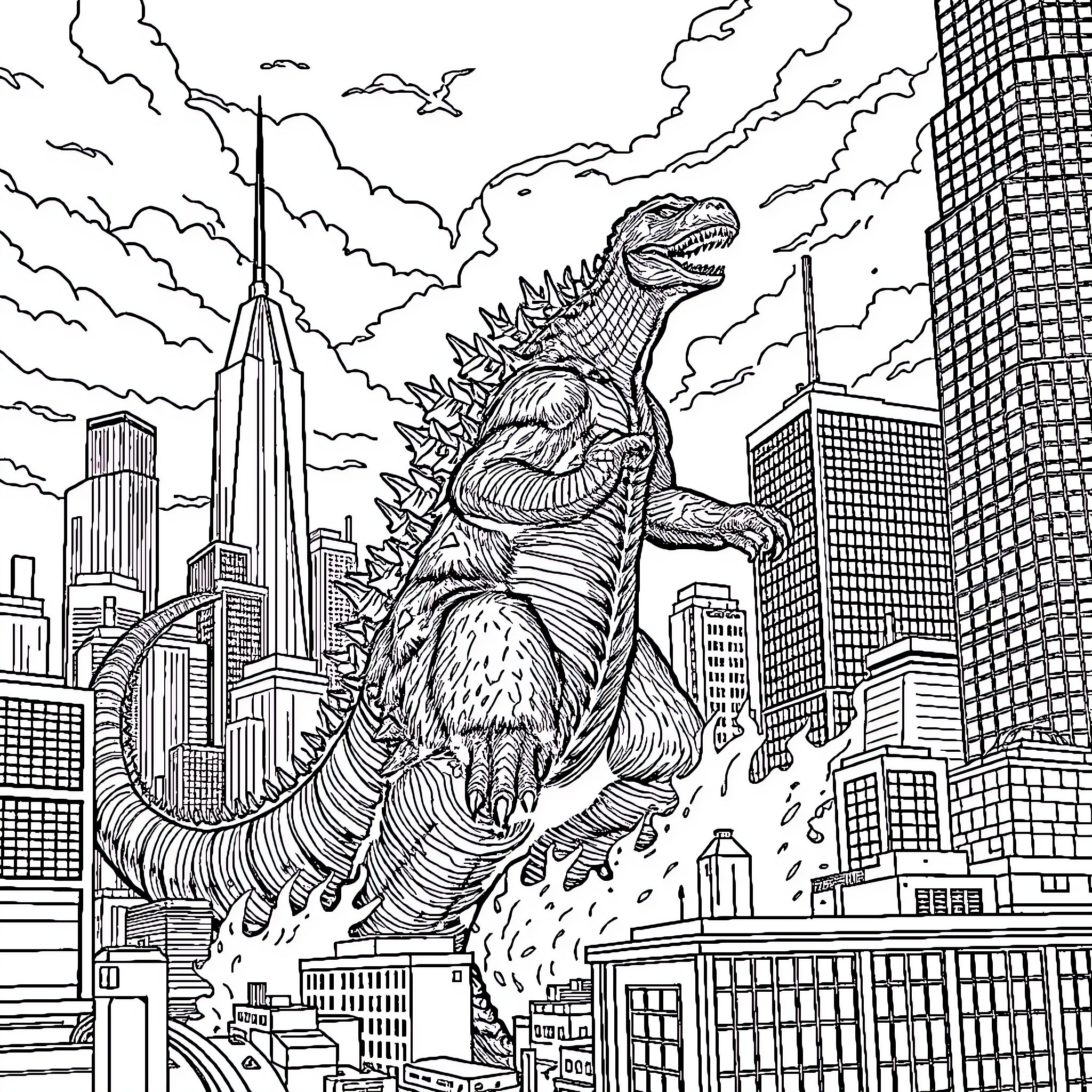 Godzilla Rampaging Through a Futuristic City Coloring Page (free black-and-white line drawing printable PDF for all, from beginners to advanced learners, including children, teens, adults, and seniors)