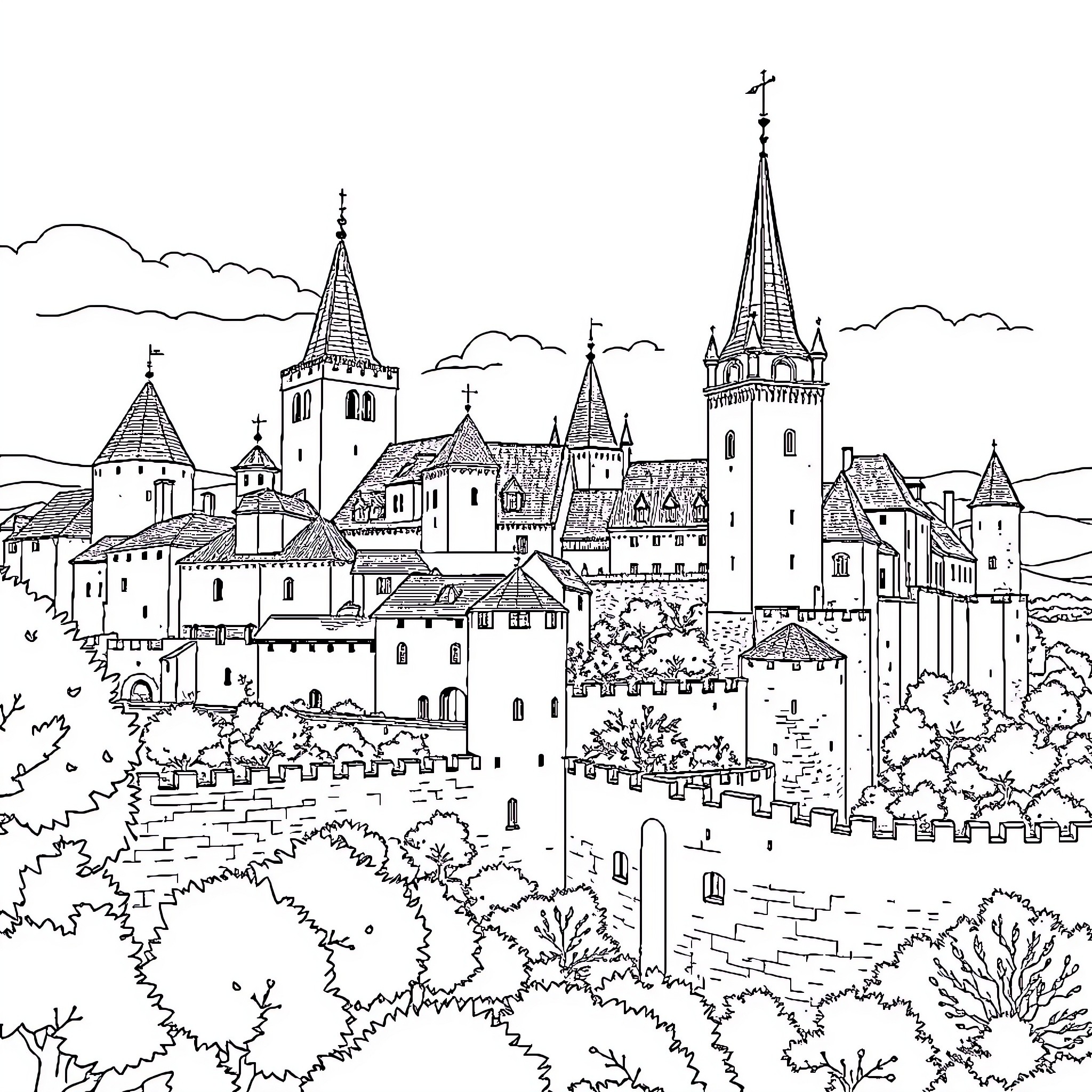Carcassonne's medieval architecture and cityscape Coloring Page (free black-and-white line drawing printable PDF for all, from beginners to advanced learners, including children, teens, adults, and seniors)