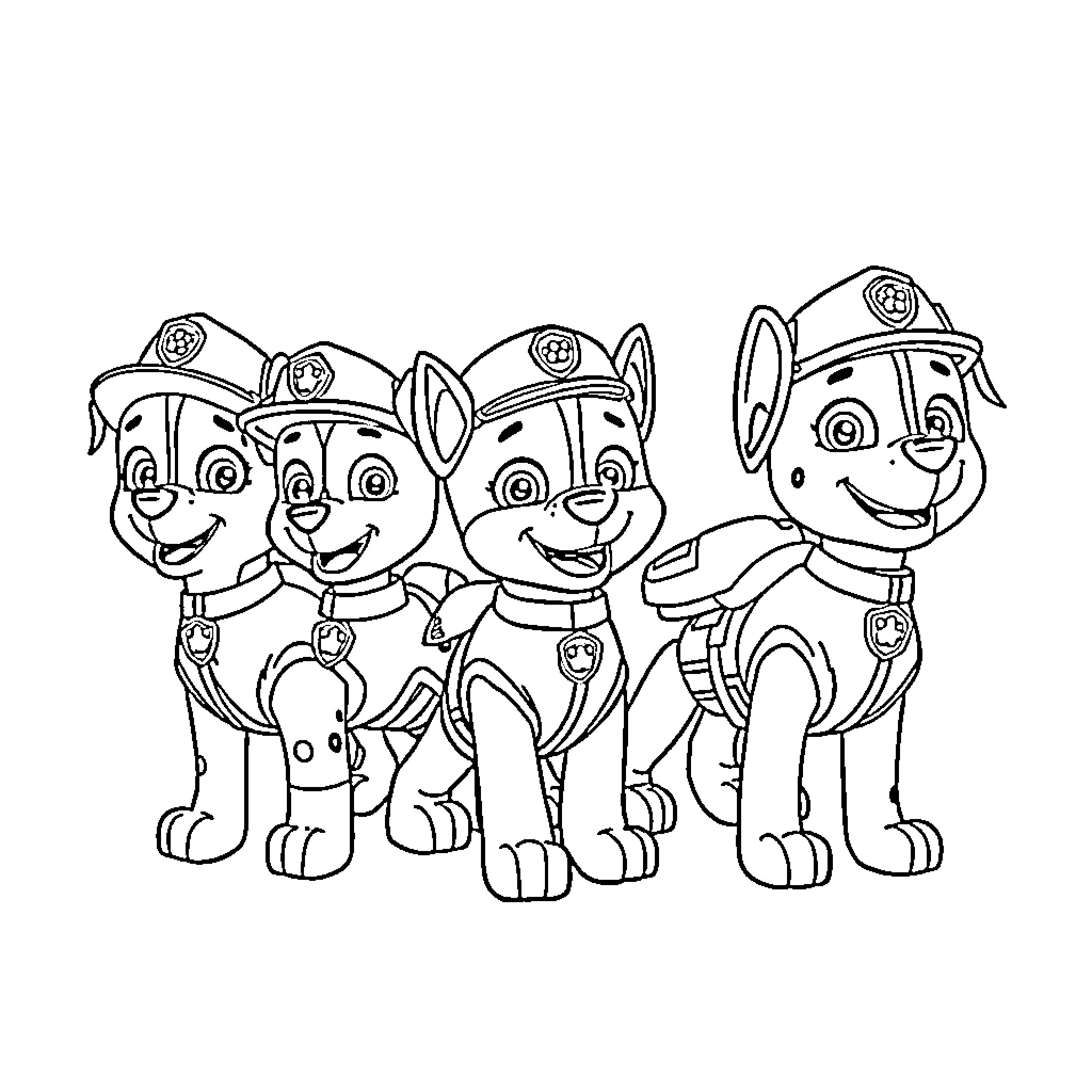 Paw Patrol team in action ready to help Coloring Page (free black-and-white line drawing printable PDF for all, from beginners to advanced learners, including children, teens, adults, and seniors)
