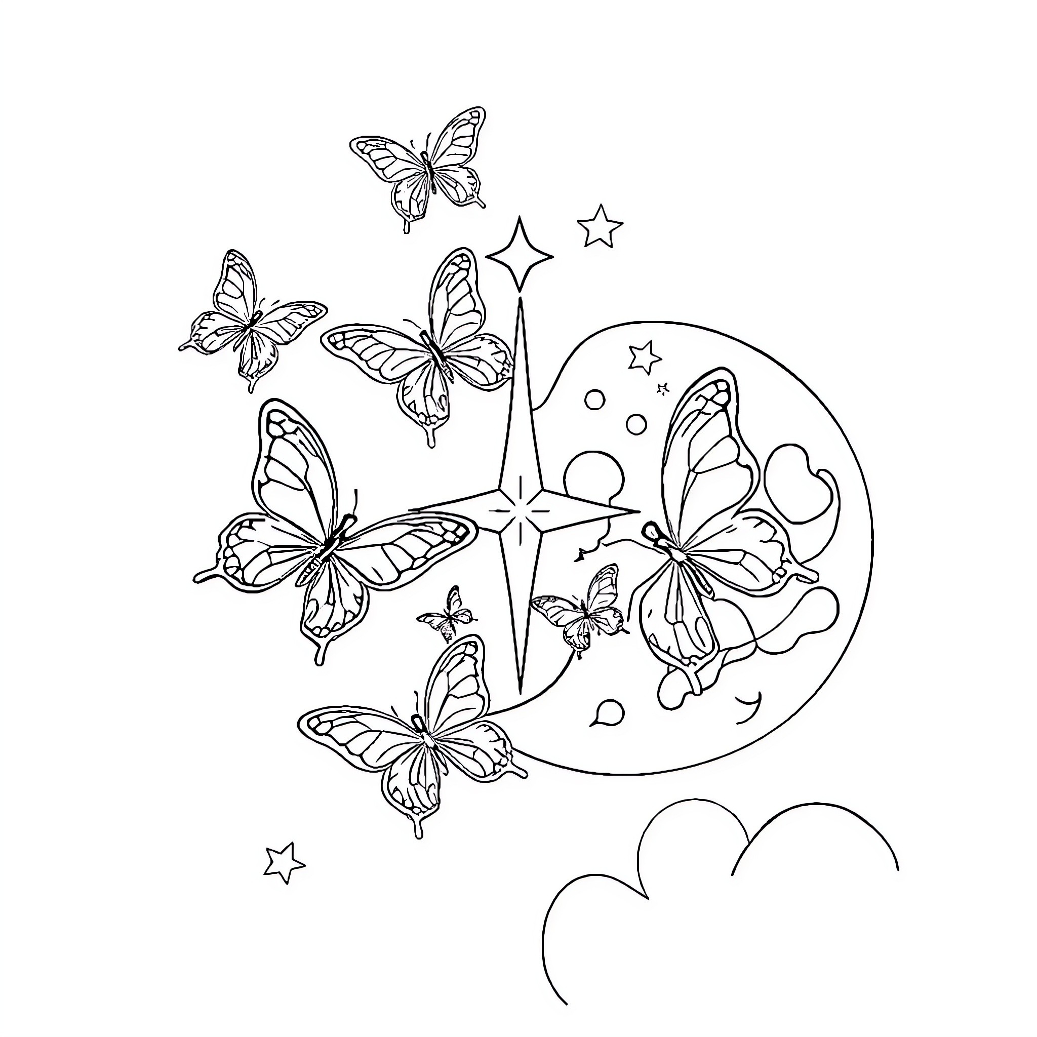 Butterfly Wonderland: Celestial Creatures in Flight Coloring Page (free black-and-white line drawing printable PDF for all, from beginners to advanced learners, including children, teens, adults, and seniors)
