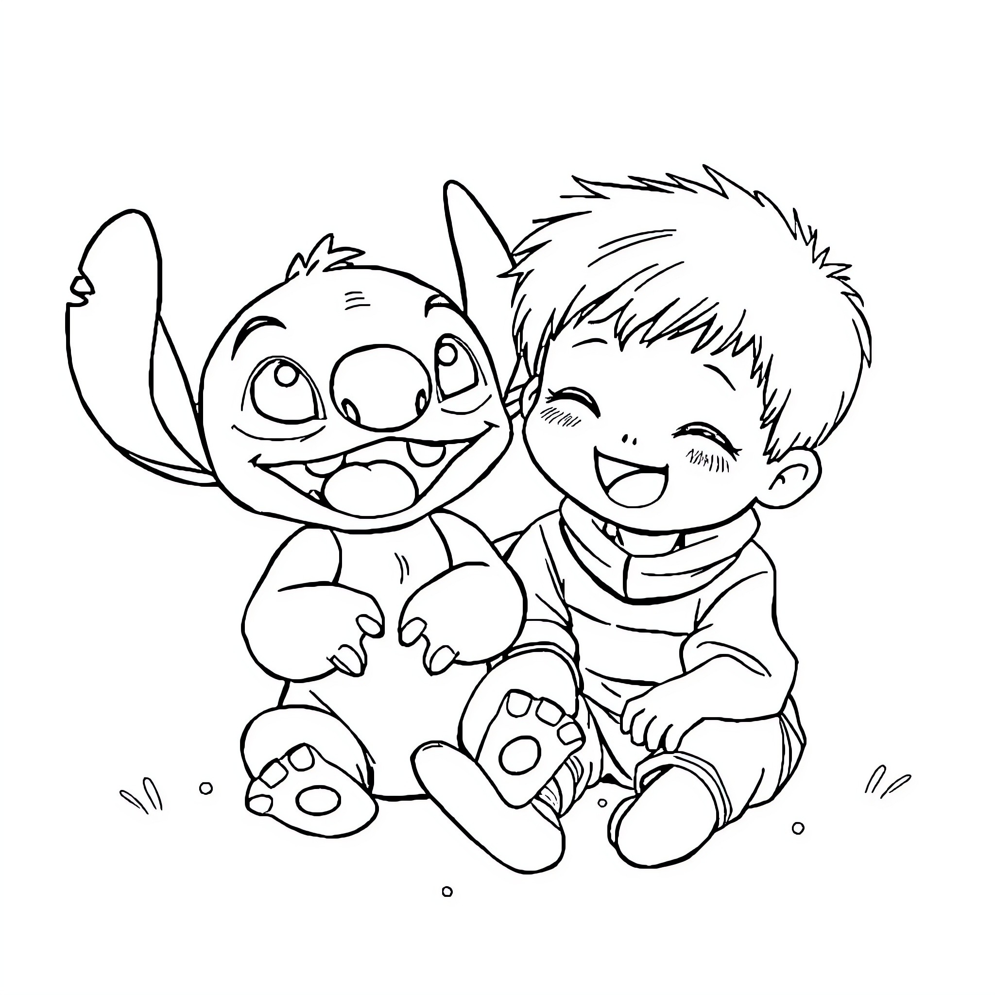 Stitch and boy playing happily together Coloring Page (free black-and-white line drawing printable PDF for all, from beginners to advanced learners, including children, teens, adults, and seniors)