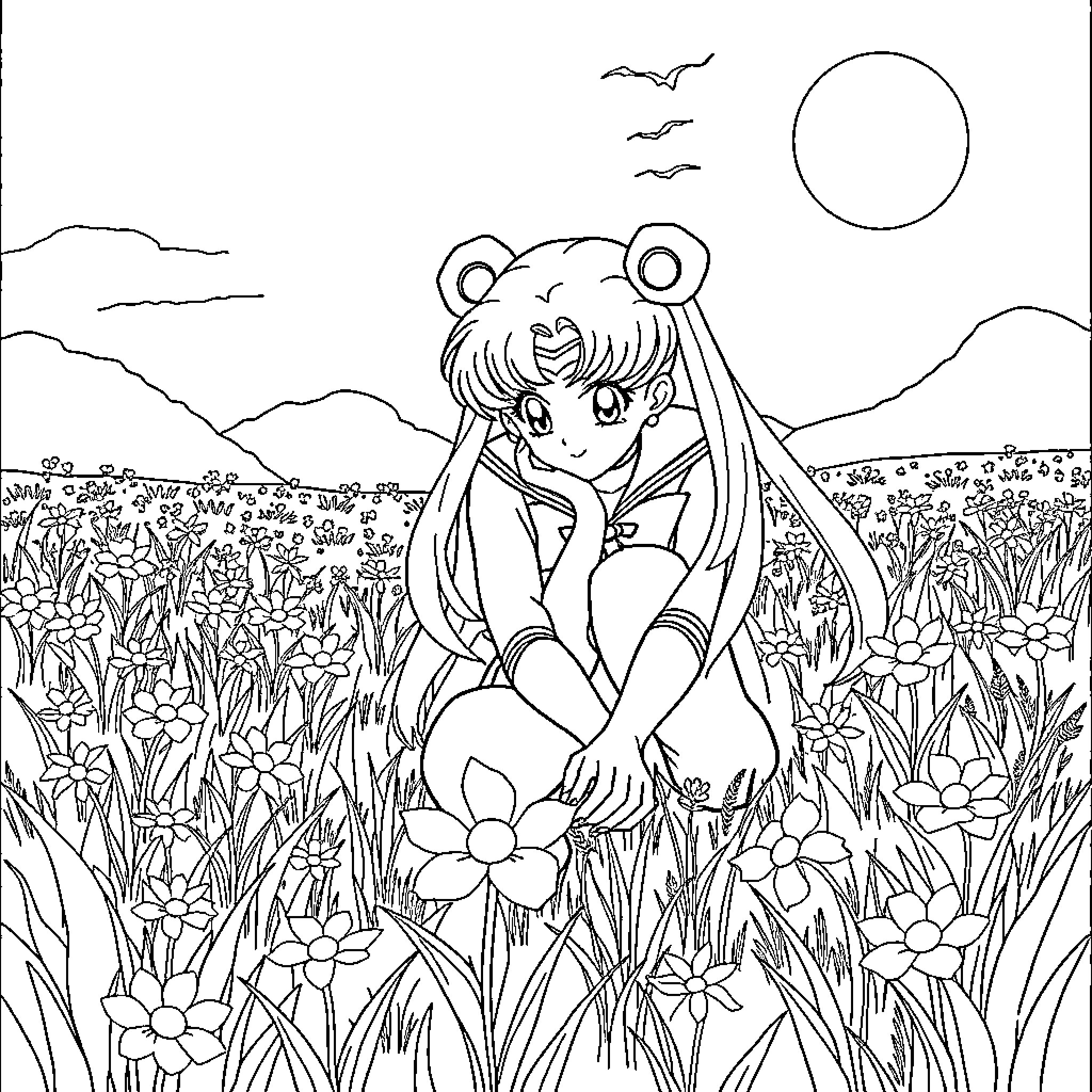 Sailor Moon sitting amidst a field of flowers Coloring Page (free black-and-white line drawing printable PDF for all, from beginners to advanced learners, including children, teens, adults, and seniors)
