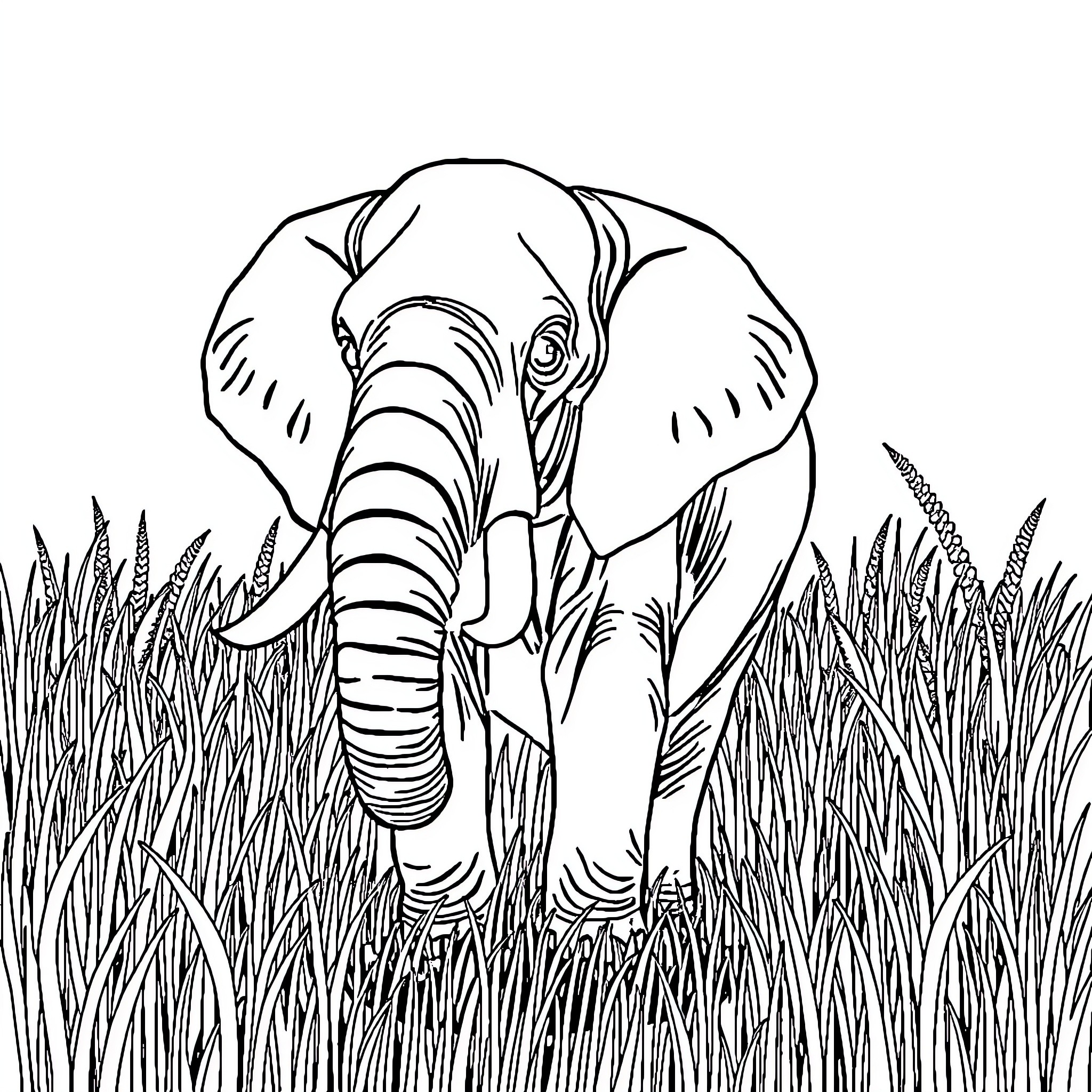 Elephant walking through tall grass Coloring Page (free black-and-white line drawing printable PDF for all, from beginners to advanced learners, including children, teens, adults, and seniors)