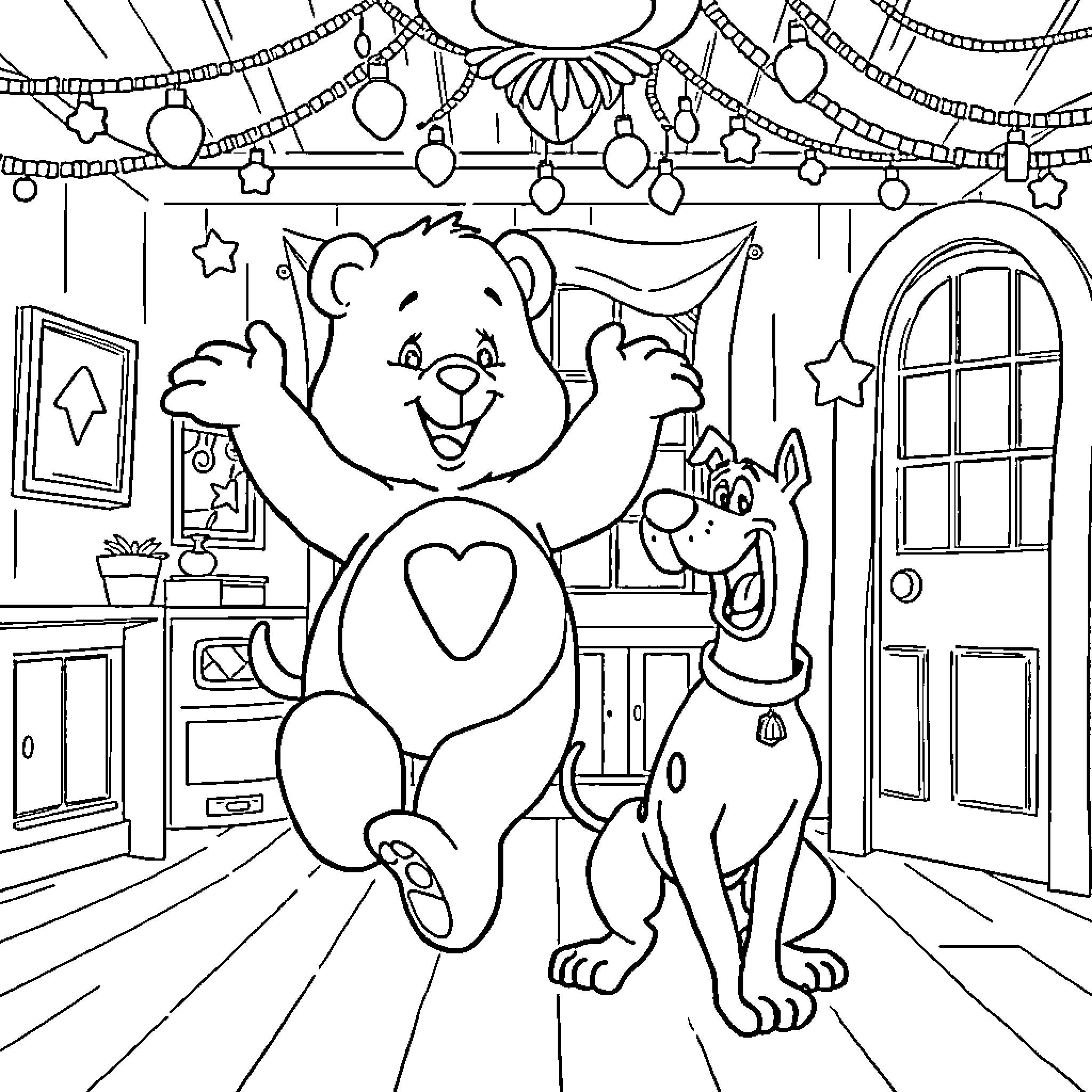 Care Bear Sharing Joyous Moments with Puppy Friend Coloring Page (free black-and-white line drawing printable PDF for all, from beginners to advanced learners, including children, teens, adults, and seniors)