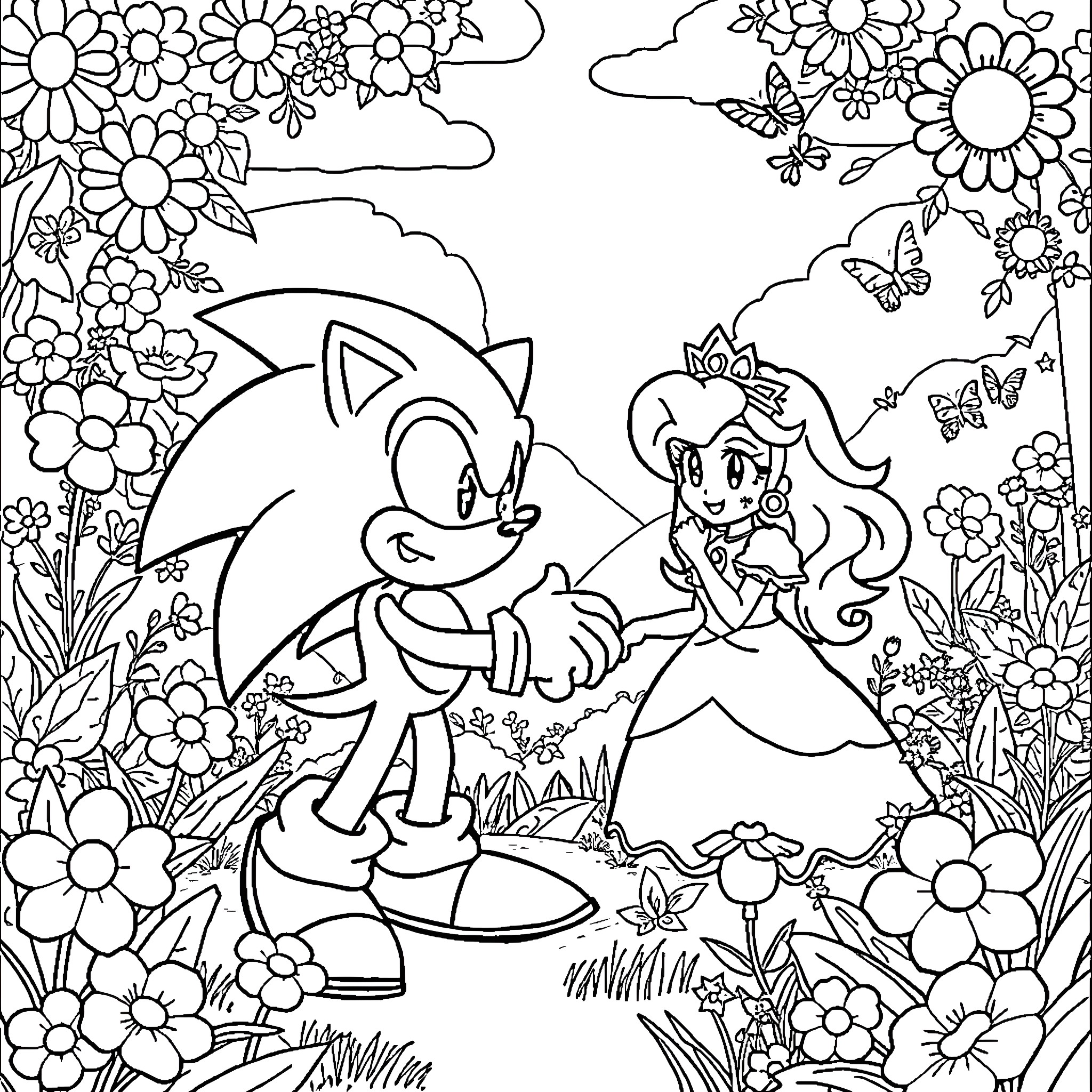 Sonic the Hedgehog and Princess Enjoying Floral Scene Coloring Page (free black-and-white line drawing printable PDF for all, from beginners to advanced learners, including children, teens, adults, and seniors)