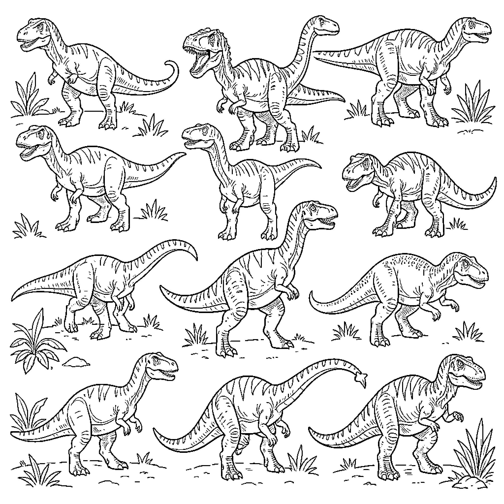 Dinosaur collection walking and standing in various poses Coloring Page (free black-and-white line drawing printable PDF for all, from beginners to advanced learners, including children, teens, adults, and seniors)