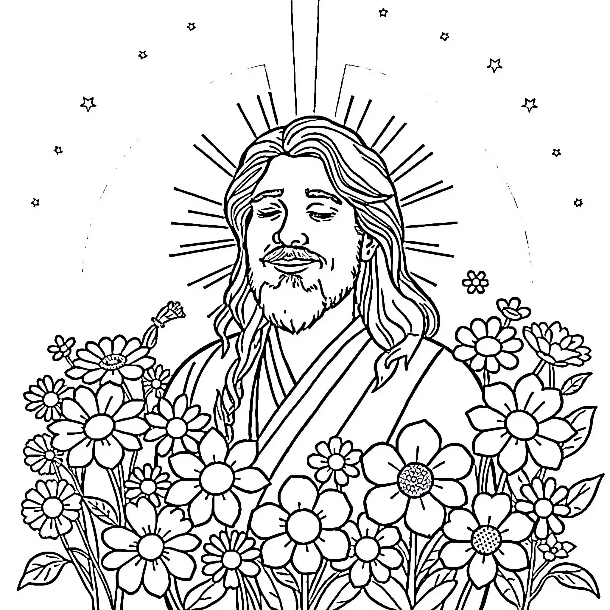 Institutrice depicts the serene portrait of Jesus amidst a floral landscape Coloring Page (free black-and-white line drawing printable PDF for all, from beginners to advanced learners, including children, teens, adults, and seniors)