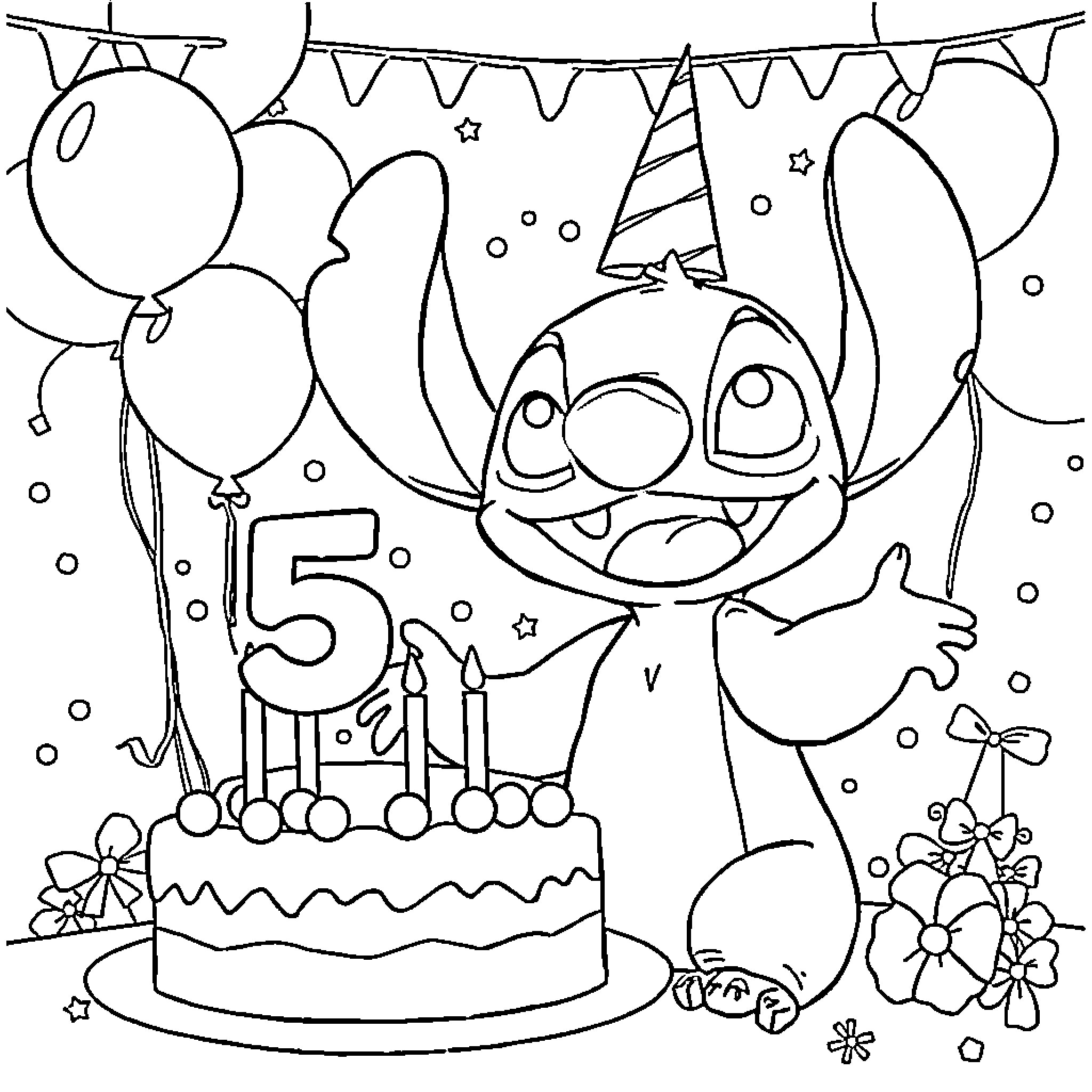 Stitch Celebrates 5th Birthday with Balloons and Cake Coloring Page (free black-and-white line drawing printable PDF for all, from beginners to advanced learners, including children, teens, adults, and seniors)