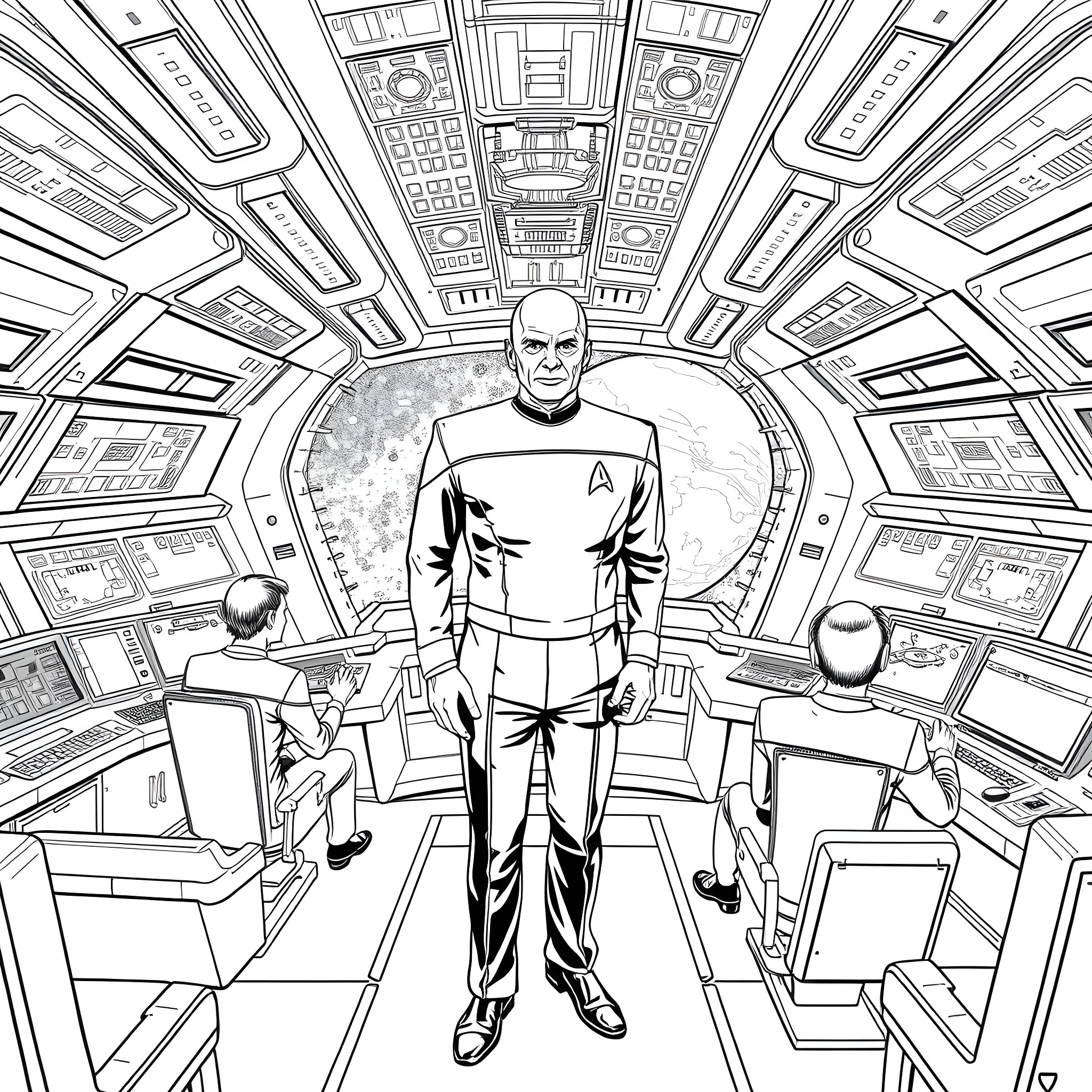 Captain Picard in command of the Enterprise bridge Coloring Page (free black-and-white line drawing printable PDF for all, from beginners to advanced learners, including children, teens, adults, and seniors)