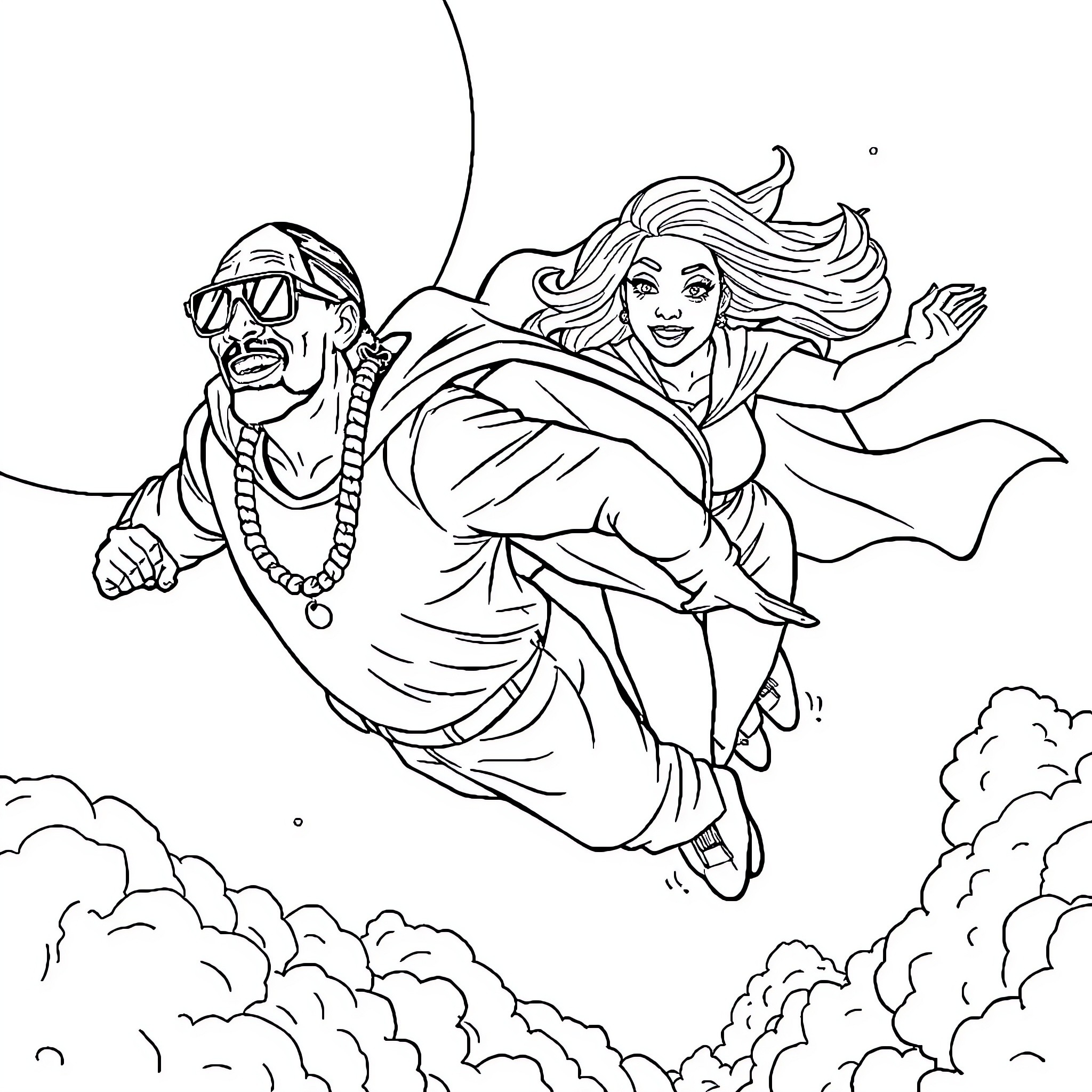 Snoop Dogg soaring through the sky with a joyful woman Coloring Page (free black-and-white line drawing printable PDF for all, from beginners to advanced learners, including children, teens, adults, and seniors)