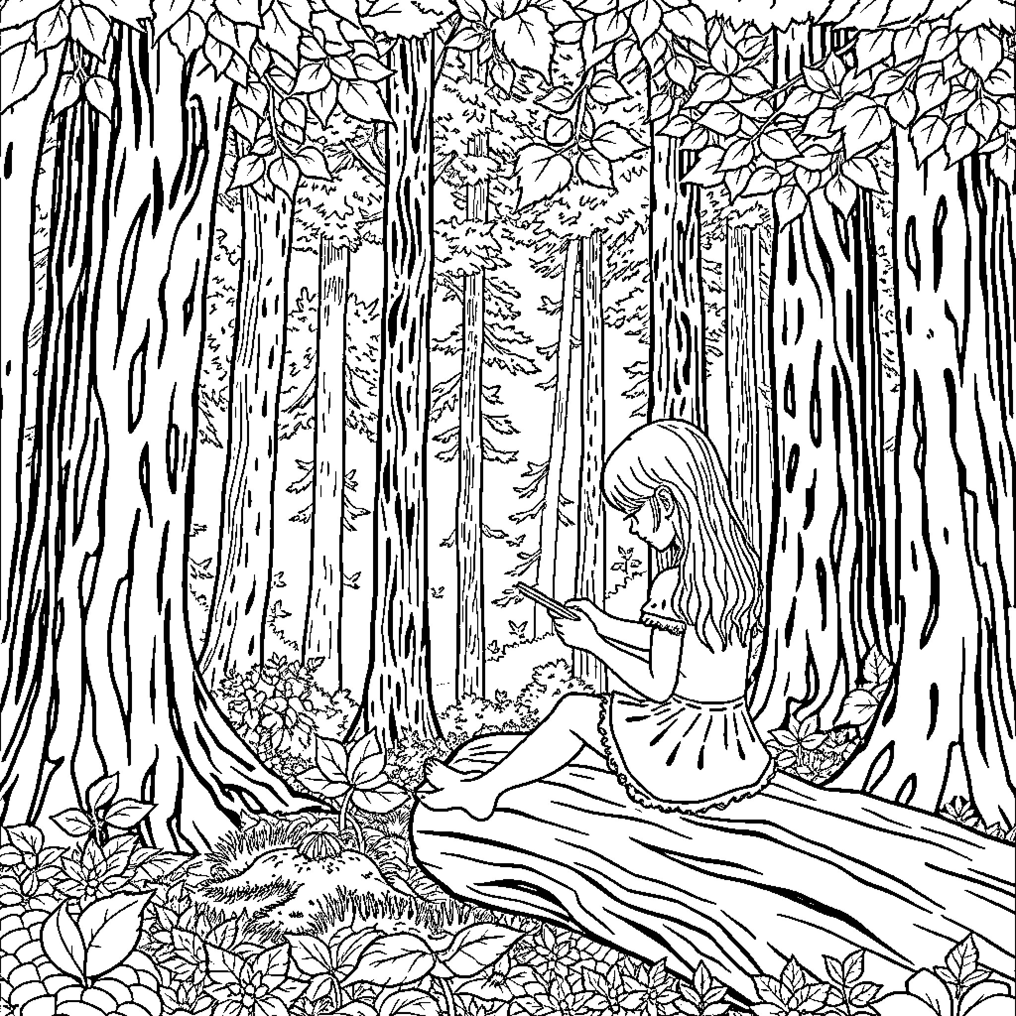 Girl reading a book in the enchanted forest Coloring Page (free black-and-white line drawing printable PDF for all, from beginners to advanced learners, including children, teens, adults, and seniors)