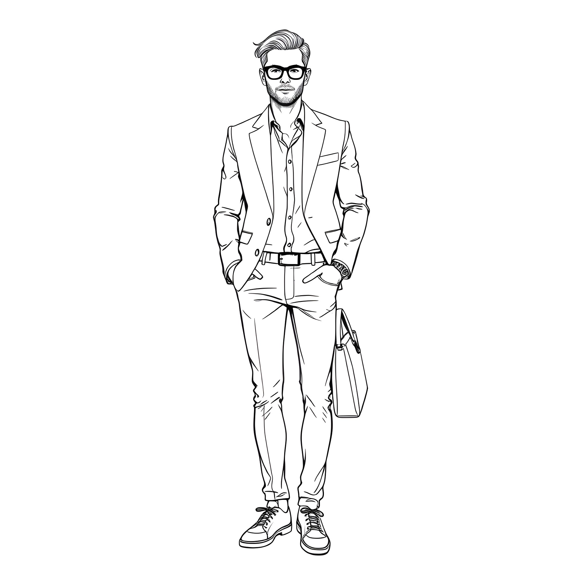 Man in stylish business casual outfit Coloring Page (free black-and-white line drawing printable PDF for all, from beginners to advanced learners, including children, teens, adults, and seniors)