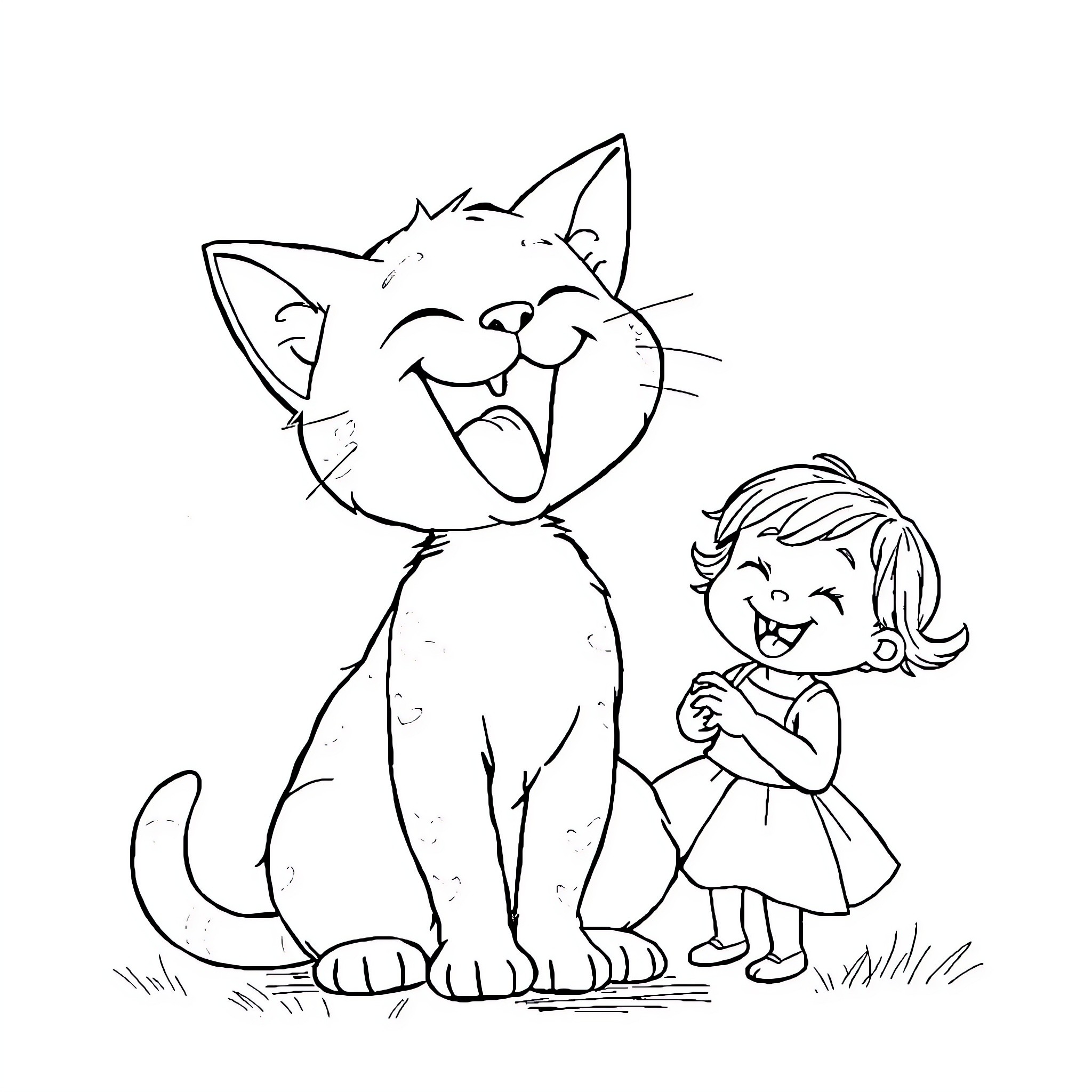 Cat and child playing happily together Coloring Page (free black-and-white line drawing printable PDF for all, from beginners to advanced learners, including children, teens, adults, and seniors)