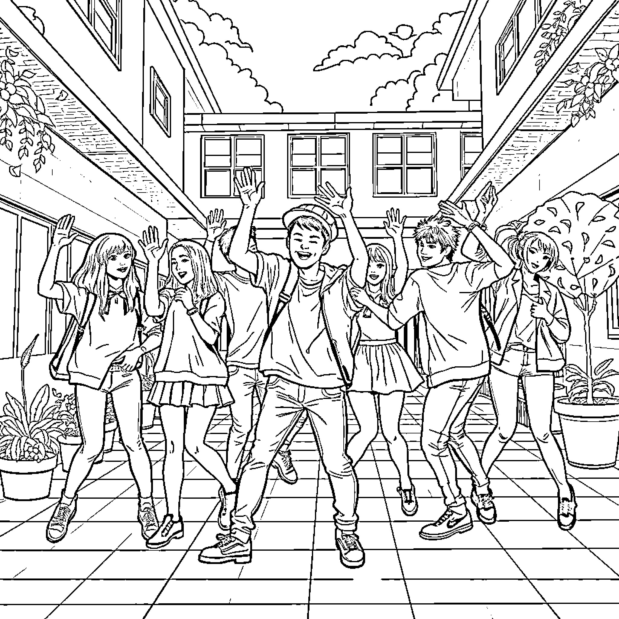 Kpop group members dancing and posing in the city Coloring Page (free black-and-white line drawing printable PDF for all, from beginners to advanced learners, including children, teens, adults, and seniors)